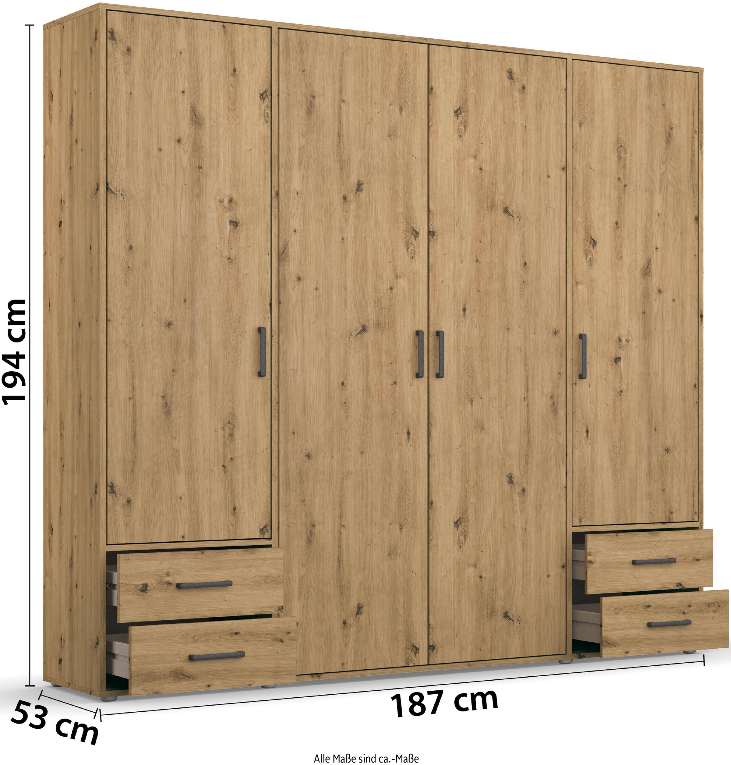 rauch Drehtürenschrank »Kleiderschrank Schrank Garderobe Wäscheschrank VOYAGER«, (in 3 verschiedenen Ausstattungen BASIC/CLASSIC/PREMIUM), moderne Griffe in Graumetallic mit Außenschubkästen MADE IN GERMANY