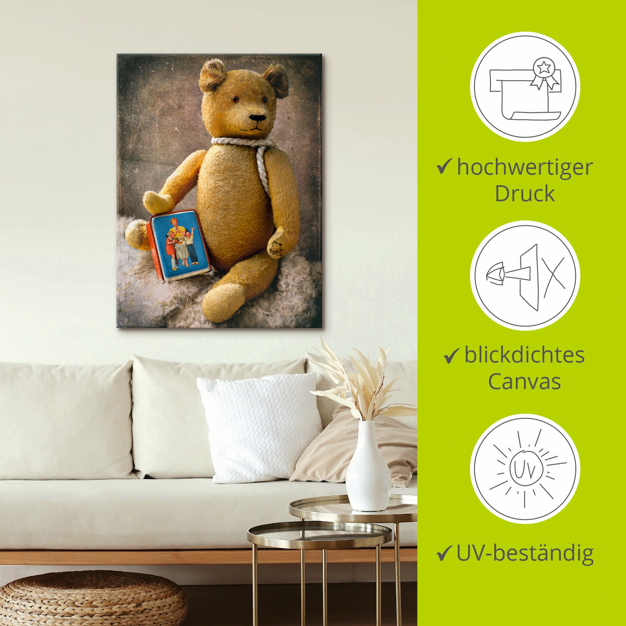 Artland Wandbild »Teddybär mit Sparbüchse«, Spielzeuge, (1 St.), als Leinwandbild, Wandaufkleber in verschied. Größen