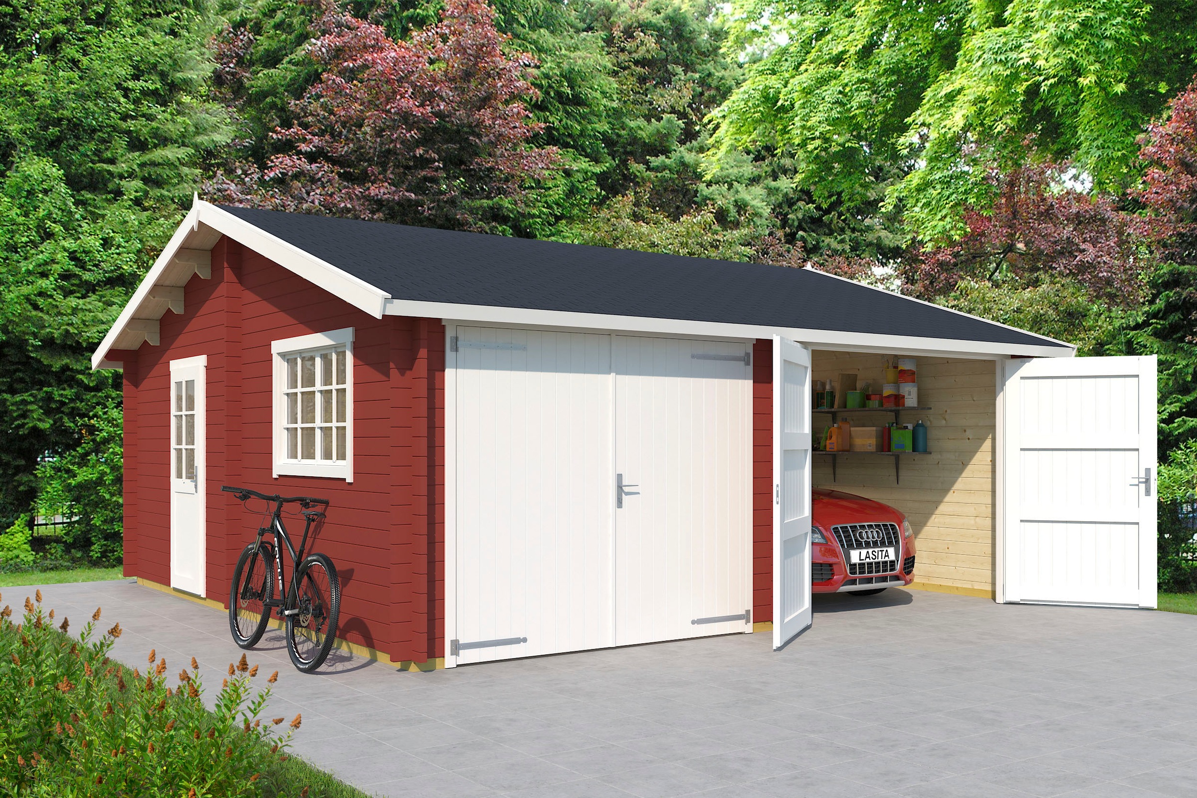 LASITA MAJA Garage »Falkland«, (Set, Für 2 Fahrzeuge geeignet), Garage + 2 Holztoren