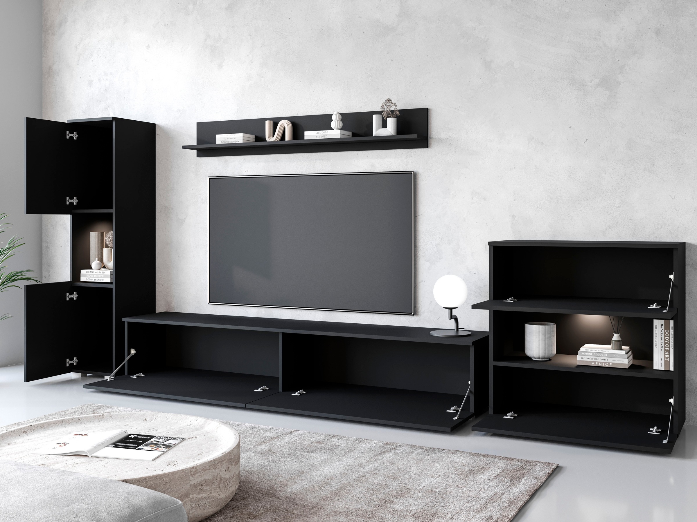 INOSIGN Wohnwand »PARIS«, (Komplett-Set, 4 St.), TV-Wand 300cm breite, grifflose Design, stehend und hängend montierbar