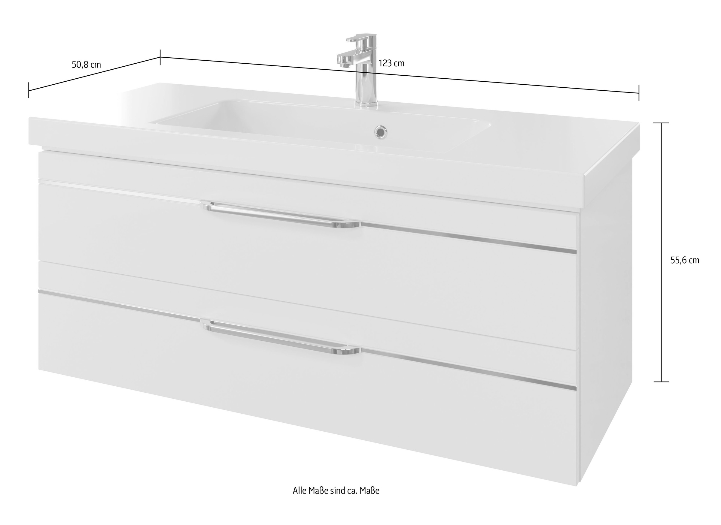 Saphir Badmöbel-Set »Balto 2-teilig Mineralmarmor-Waschtisch mit LED-Spiegel, 123 cm breit«, (2 St.), Waschplatz mit 2 Schubladen, Badschrank inkl. Schubladendämpfer