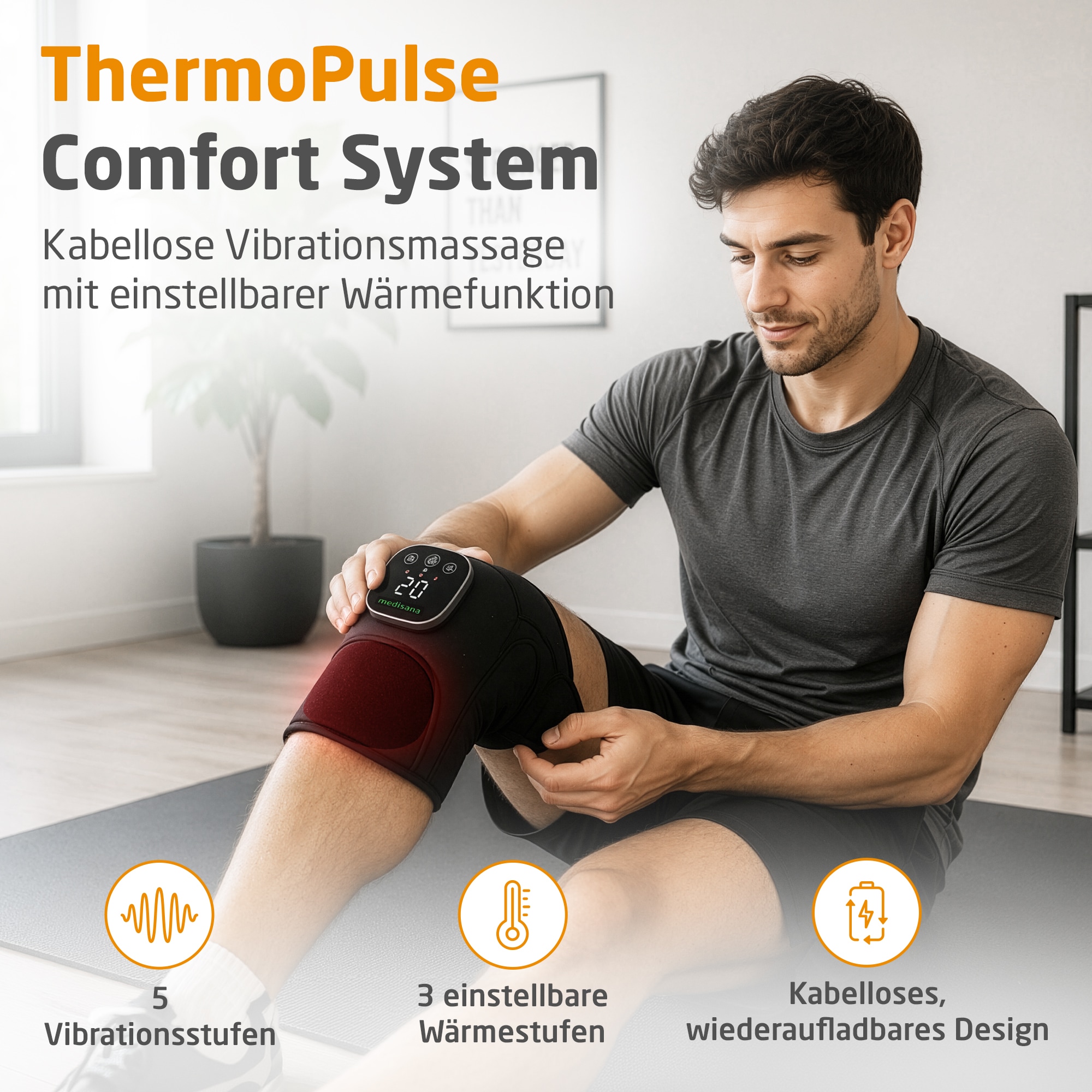 Medisana Massagegerät »KM 100, kabelloses Vibrations-Knie-Massagegerät bei Kniebeschwerden« 3 Wärmestufen, 5 Intensitäten, zuschaltbare Wärmefunktion