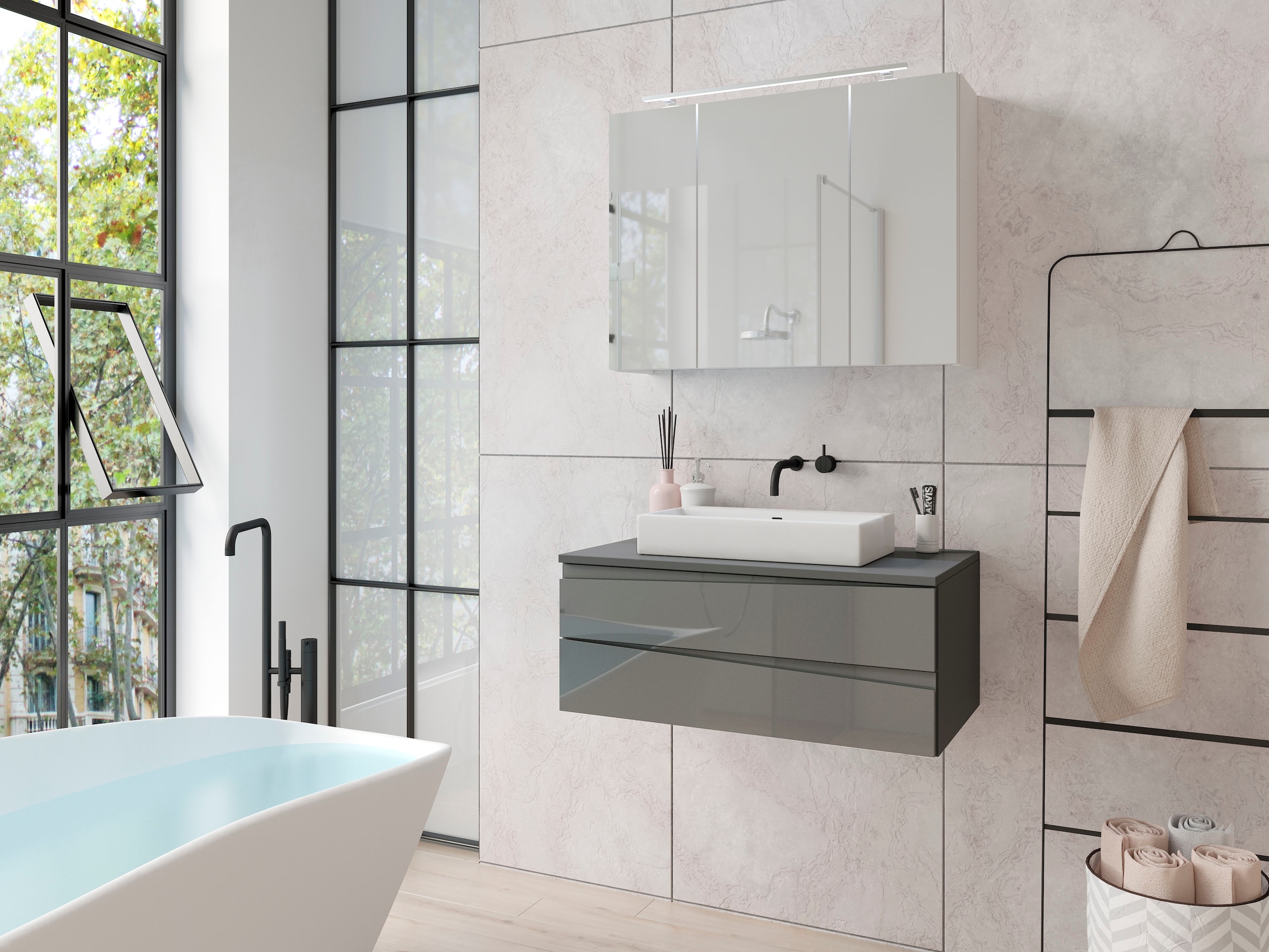 byLIVING Waschbeckenschrank »Shape«, (1 St.), für Aufsatzbecken mit asymetrischer Hochglanz Front, 2 Schubkästen