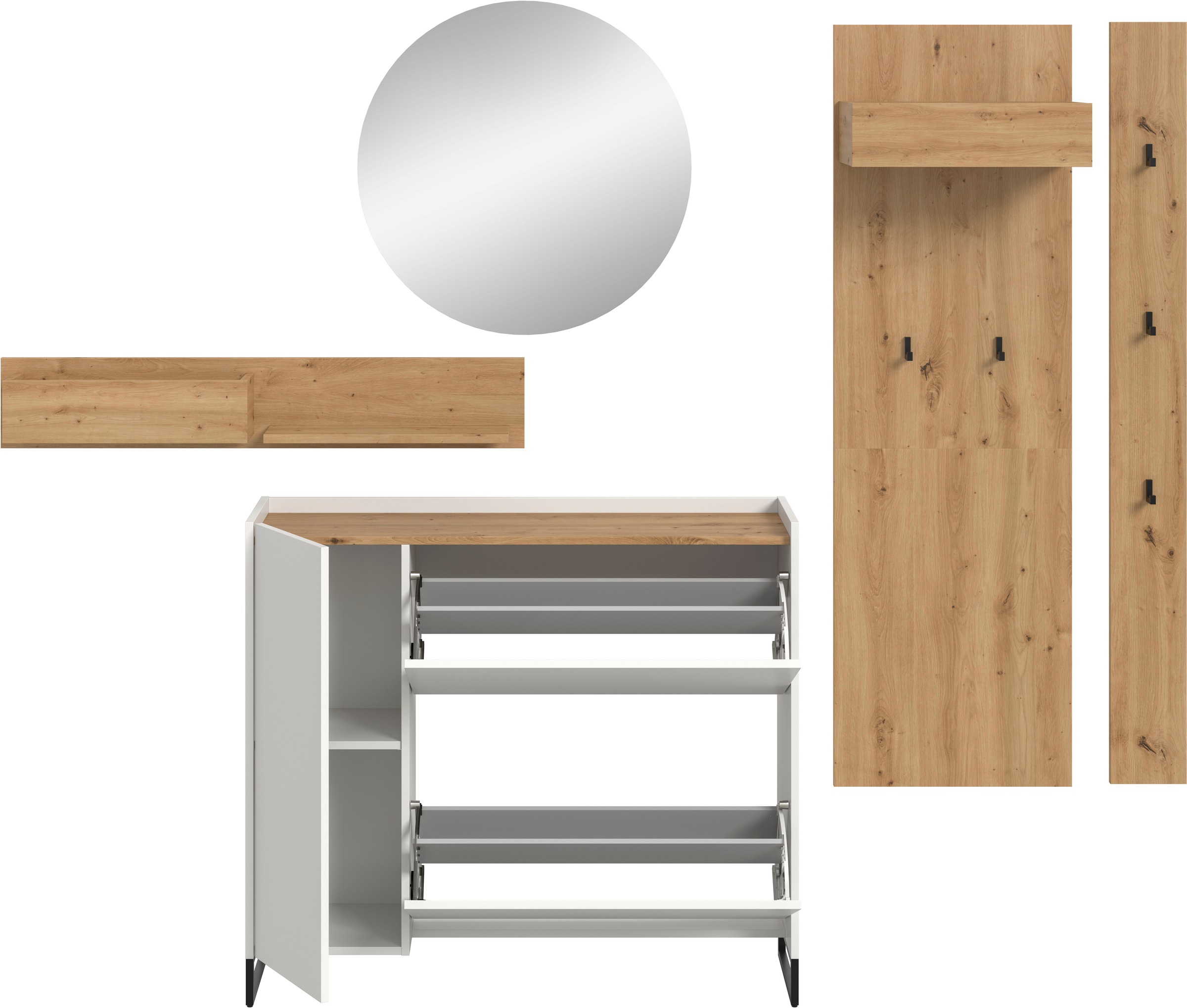 INOSIGN Garderoben-Set »EVRID, 5-teilig, Breite 236 cm, individuell stellbar & erweiterbar« best. aus.: Wandboard, Kommode, Spiegel, Garderobenpaneel, Hakenleiste, 5 Stk. tlg.