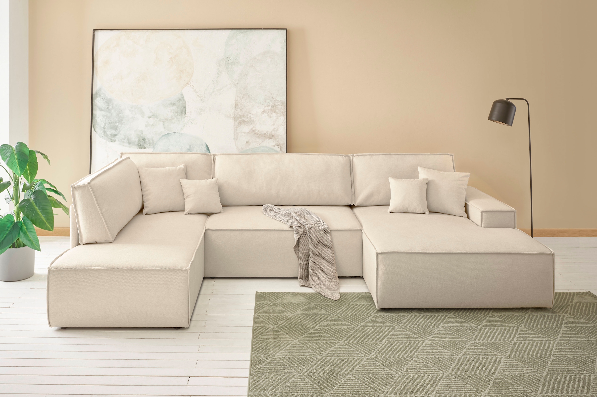 andas Wohnlandschaft »FINNLEY U-Form XXL 329 cm, Schlafsofa, Schlaffunktion m. Bettkasten«, (194/139 cm), Bouclé u. Struktur