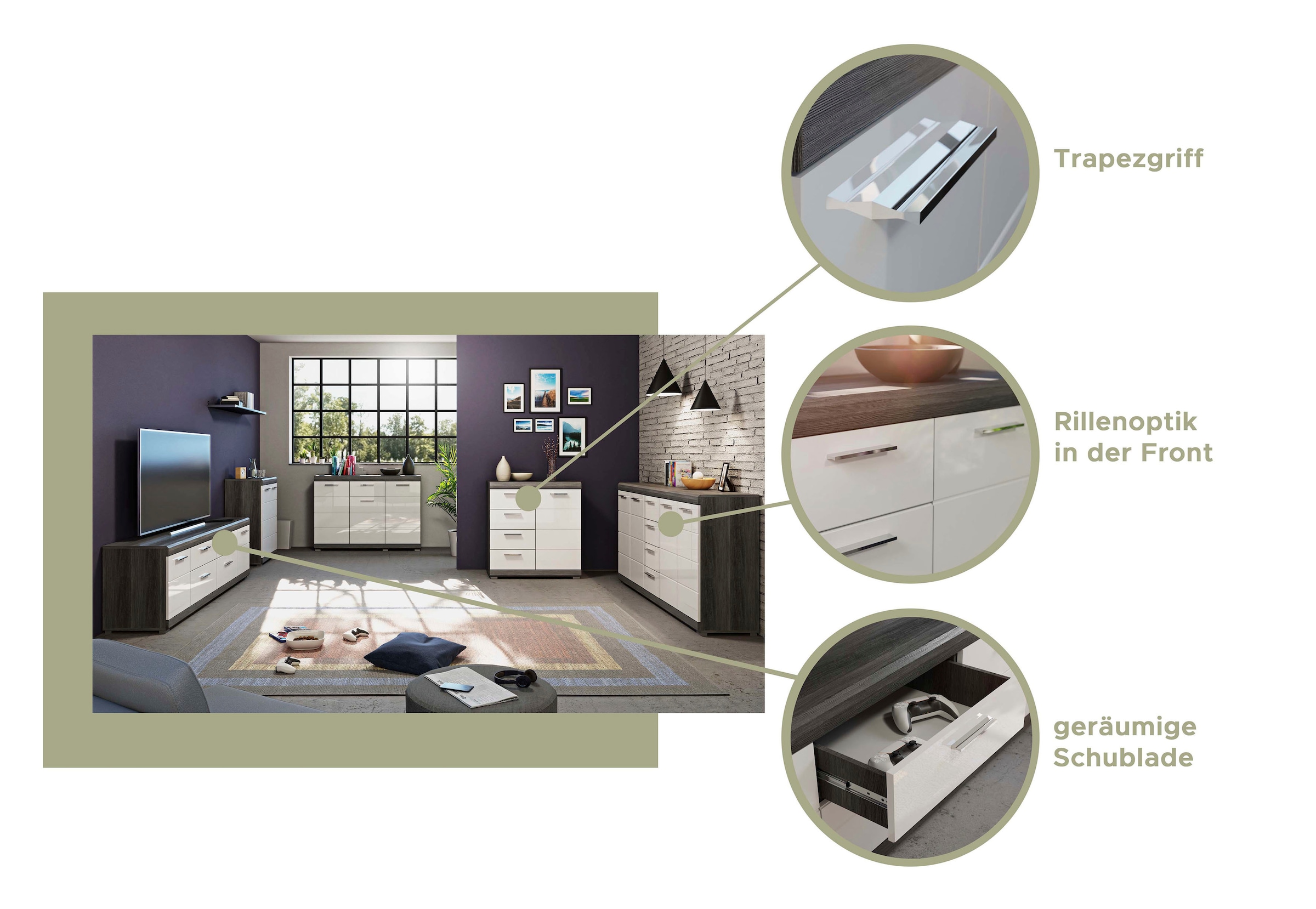 INOSIGN Kommode »Siena, Breite 80 cm, 1 Tür, 2 Einlegeböden, 3 Fächer, 4 Schubkästen«, Front-Rillenfräsung, Schuhkommode, Schuhschrank, Anrichte, Sideboard