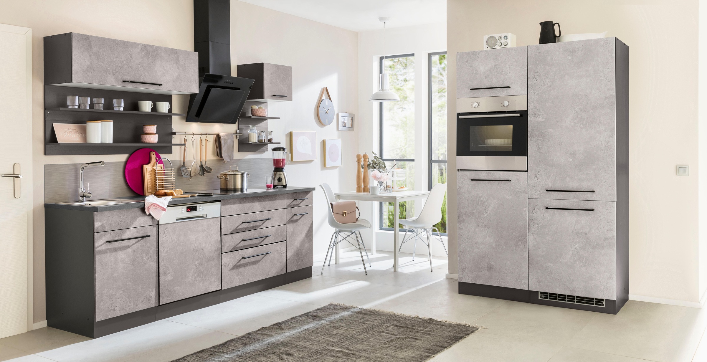 KOCHSTATION Küchenzeile »KS-Tulsa«, mit E-Geräten, Breite 350 cm, schwarze Metallgriffe, MDF Fronten