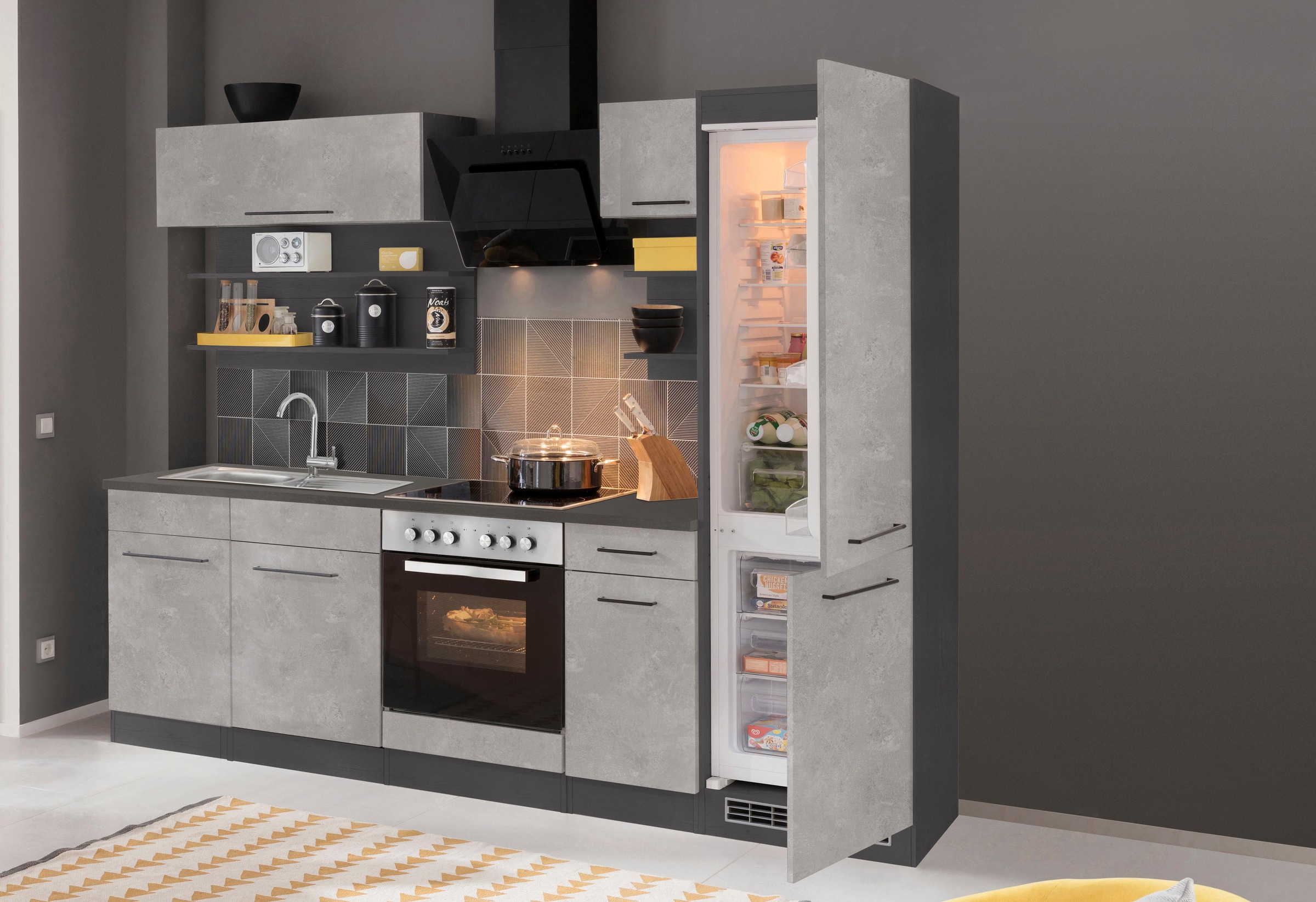 KOCHSTATION Küchenzeile »KS-Tulsa«, mit E-Geräten, Breite 270 cm, schwarze Metallgriffe, MDF Fronten