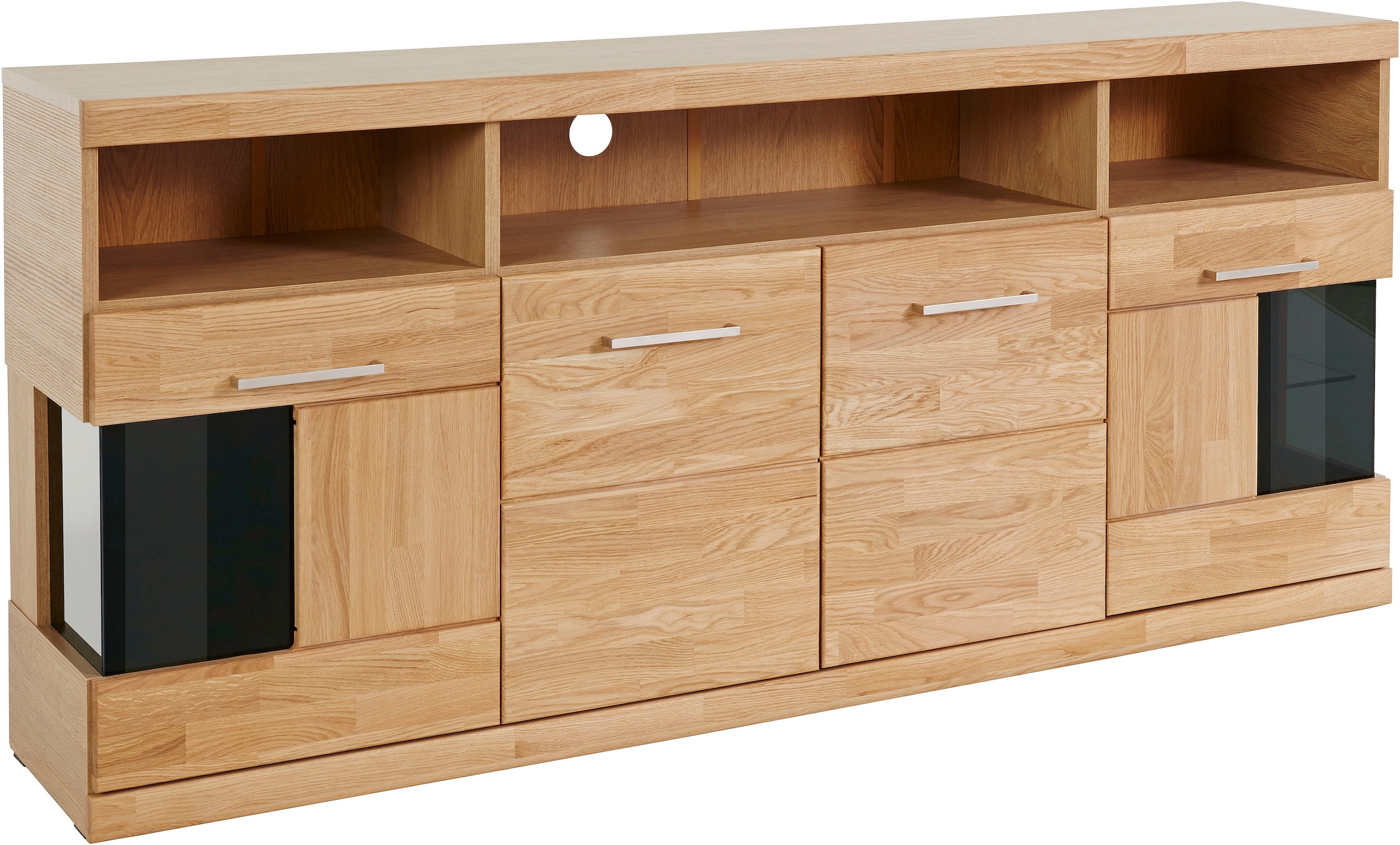 Home affaire Sideboard »Ribe,180cm breit,Fronten Masivholz,9 Fächer,4 Türen«, Holz massiv, Holzwerkstoff, Metall Griffe,2Türen mit Glaseinsatz
