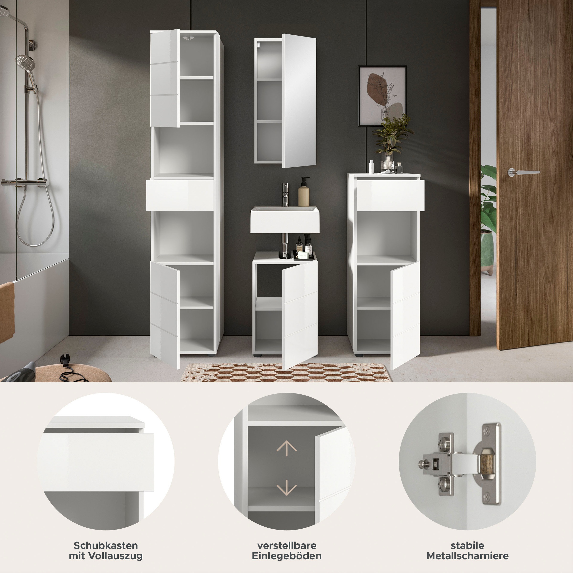 welltime Badmöbel-Set »Biel, Höhe 190 cm, Hochschrank, Unterschrank, Spiegel, Standschrank«, (4 St.), Bad Set, modernes Design, Hochschrank, Unterschrank, Spiegel