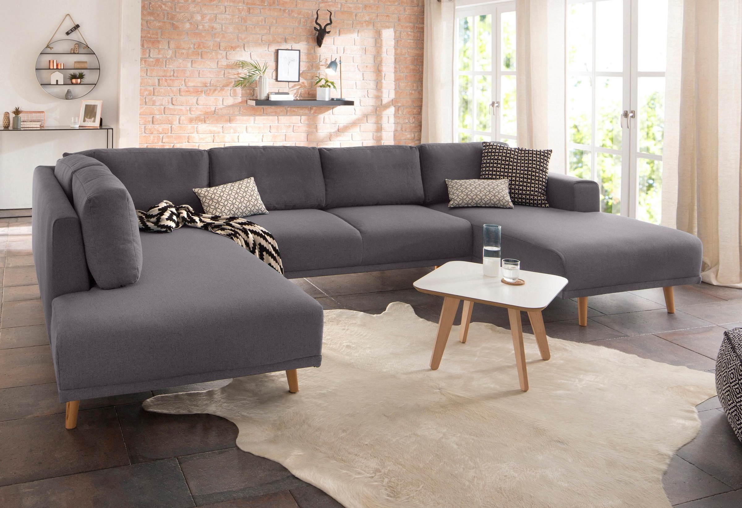 Home affaire Wohnlandschaft »Lasse U-Form« im scandinavischem Stil mit Holz günstig online kaufen