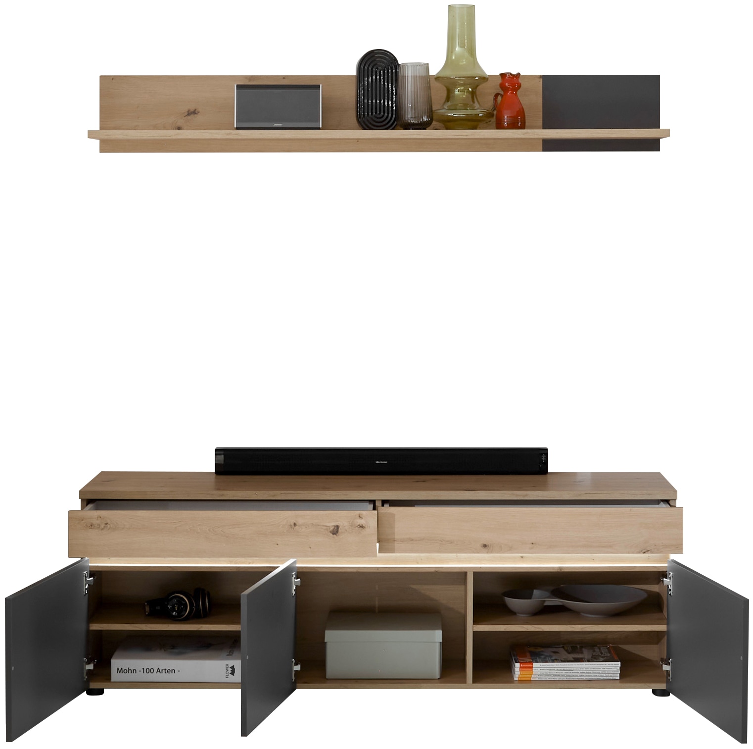 HBZ Lowboard »Lille TV bis zu 65 Zoll geeignet, inkl. LED BxHxT 160x137x38 cm«, (1 St.), mit LED-Beleuchtung, TV Möbel bis 65 Zoll geeignet in Eiche Artisan NB