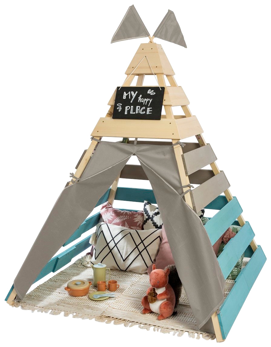 MUDDY BUDDY Spielhaus »Tipi-Zelt Dreamer« Holzschutz vorbehandelt, BxTxH: 135x135x170 cm, FSC - schützt Wald natur - warmgrau - petrolblau