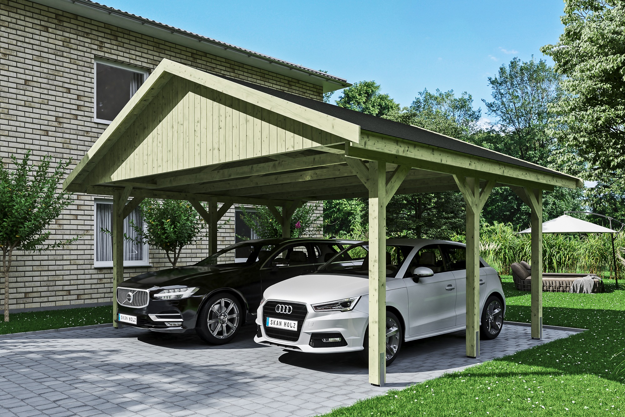 Skanholz Doppelcarport »Wallgau«, 530 cm, Grün, mit schwarzen Dachschindeln