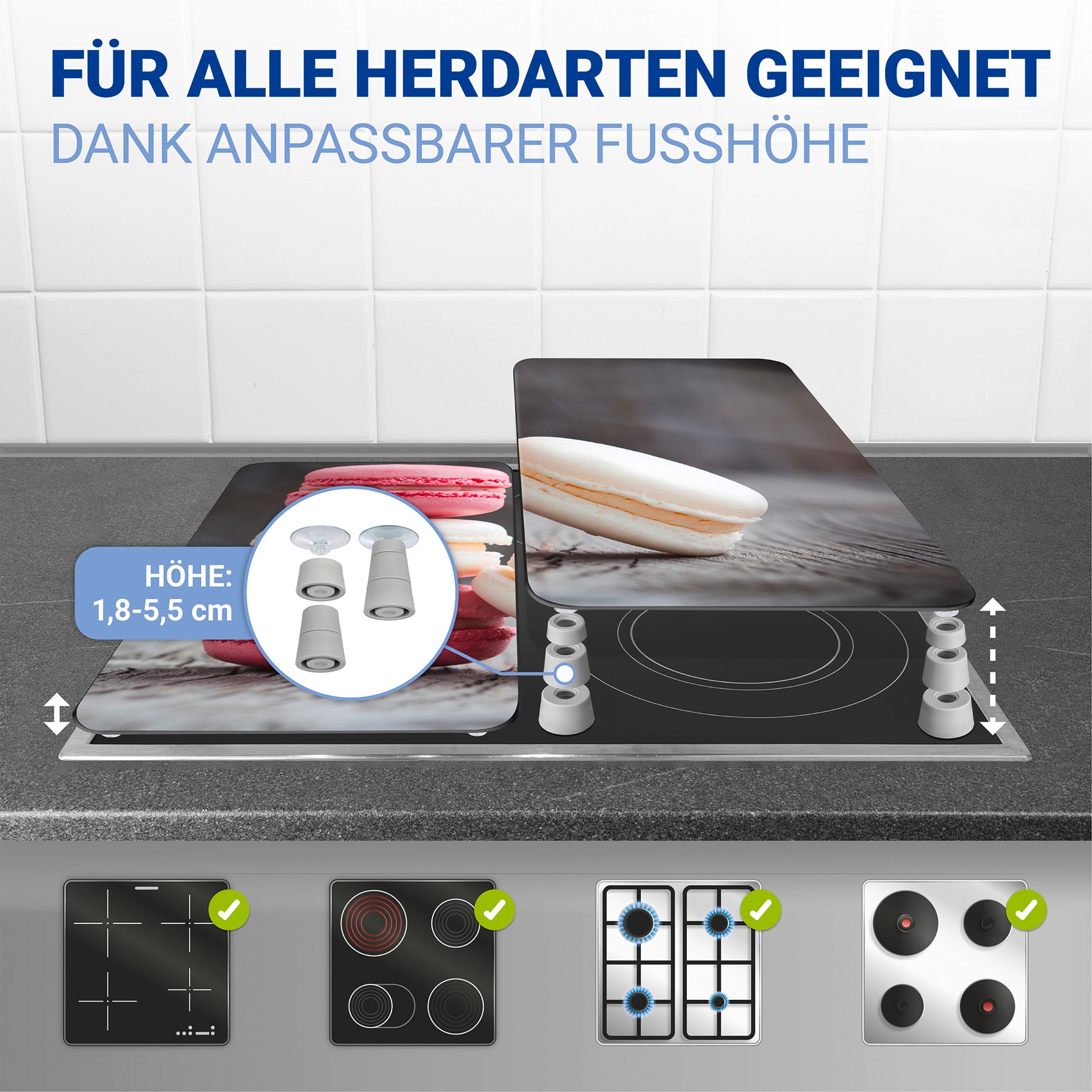 WENKO Herd-Abdeckplatte »Universal Modell Macarons«, (Set, 2 tlg.), Herdabdeckung für alle Herdarten, kratzfest, mit rutschfesten Füßen