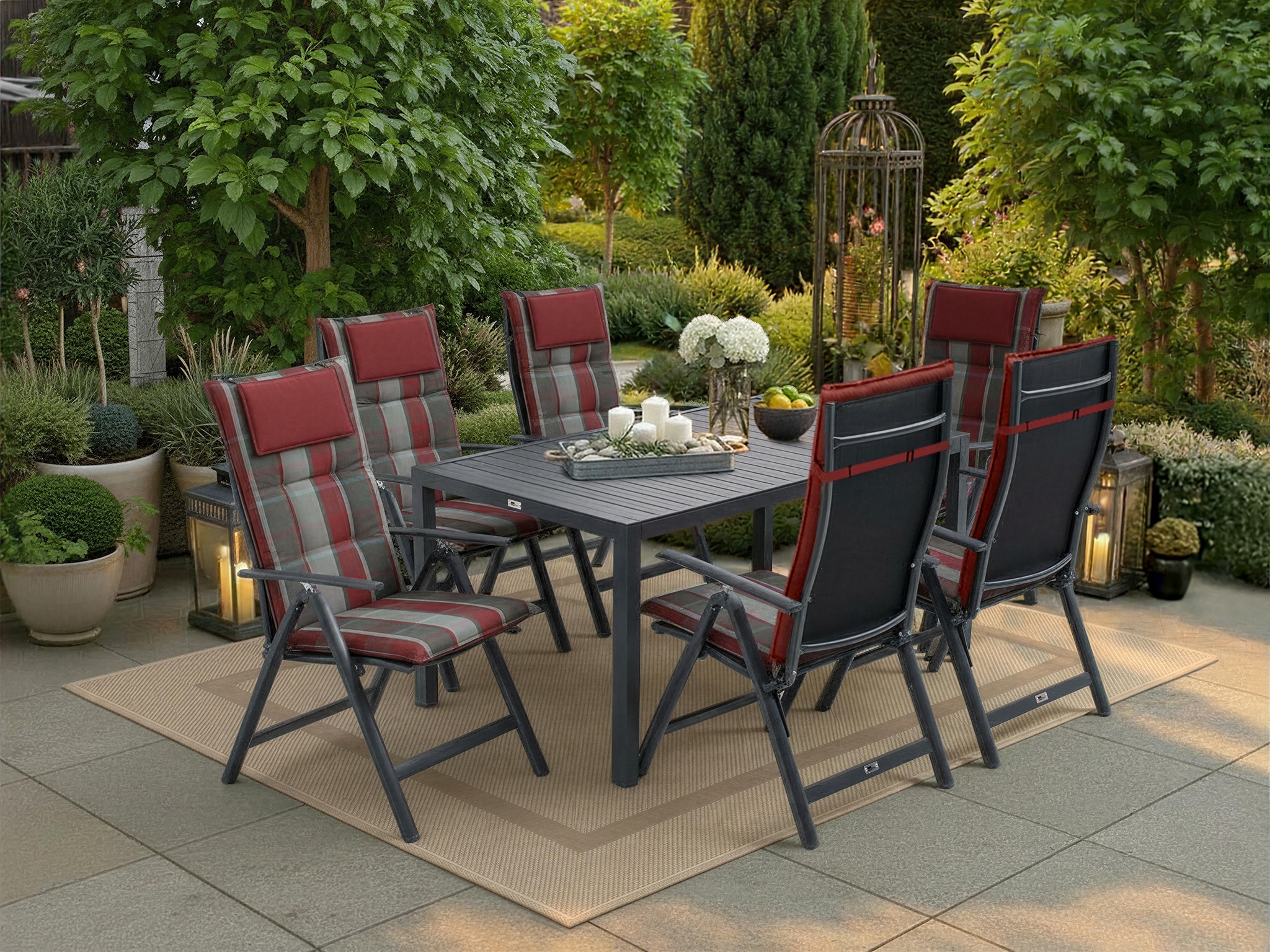 KONIFERA Garten-Essgruppe »Messina« 6x Sessel, 1x  Tisch 160x90x74 cm, Aluminium, Textilgewebe, 7 Stk. tlg. klappbar, 7-fach verstellbare Rückenlehne, Tischplatte aus Alulatten