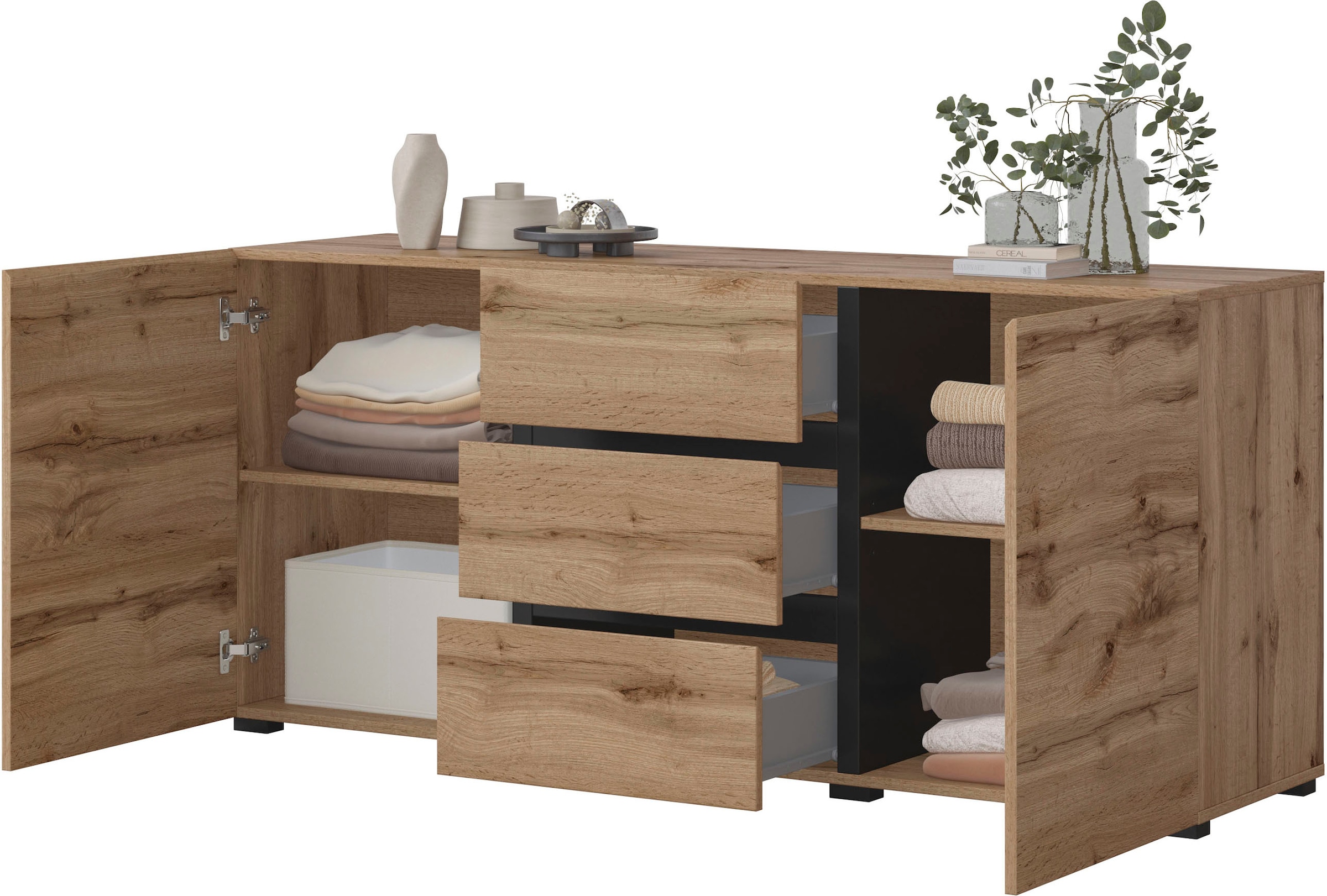 INOSIGN Sideboard »Cross, Breite 150 cm, moderne grifflose Kommode, 2Türen/3 Schubkästen«, Schubladenkommode mit viel Stauraum, Einlegeböden verstellbar