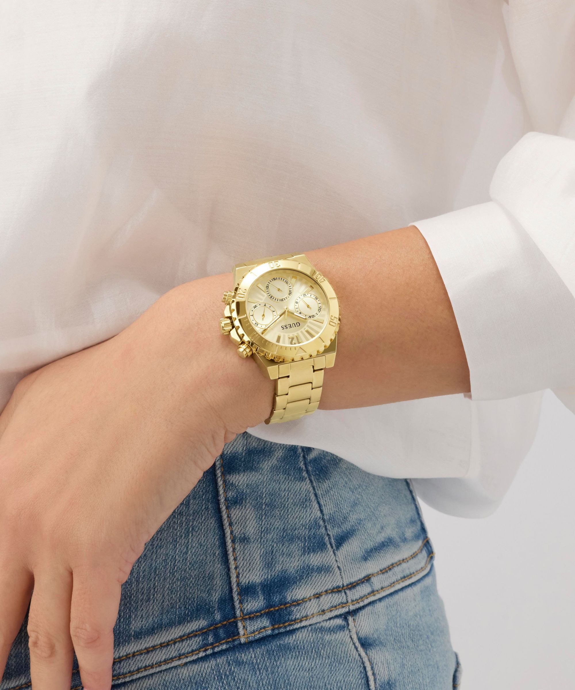 Guess Multifunktionsuhr »PHOEBE« Quarzuhr, Armbanduhr, Damenuhr, Edelstahlarmband, analog, Wochentag
