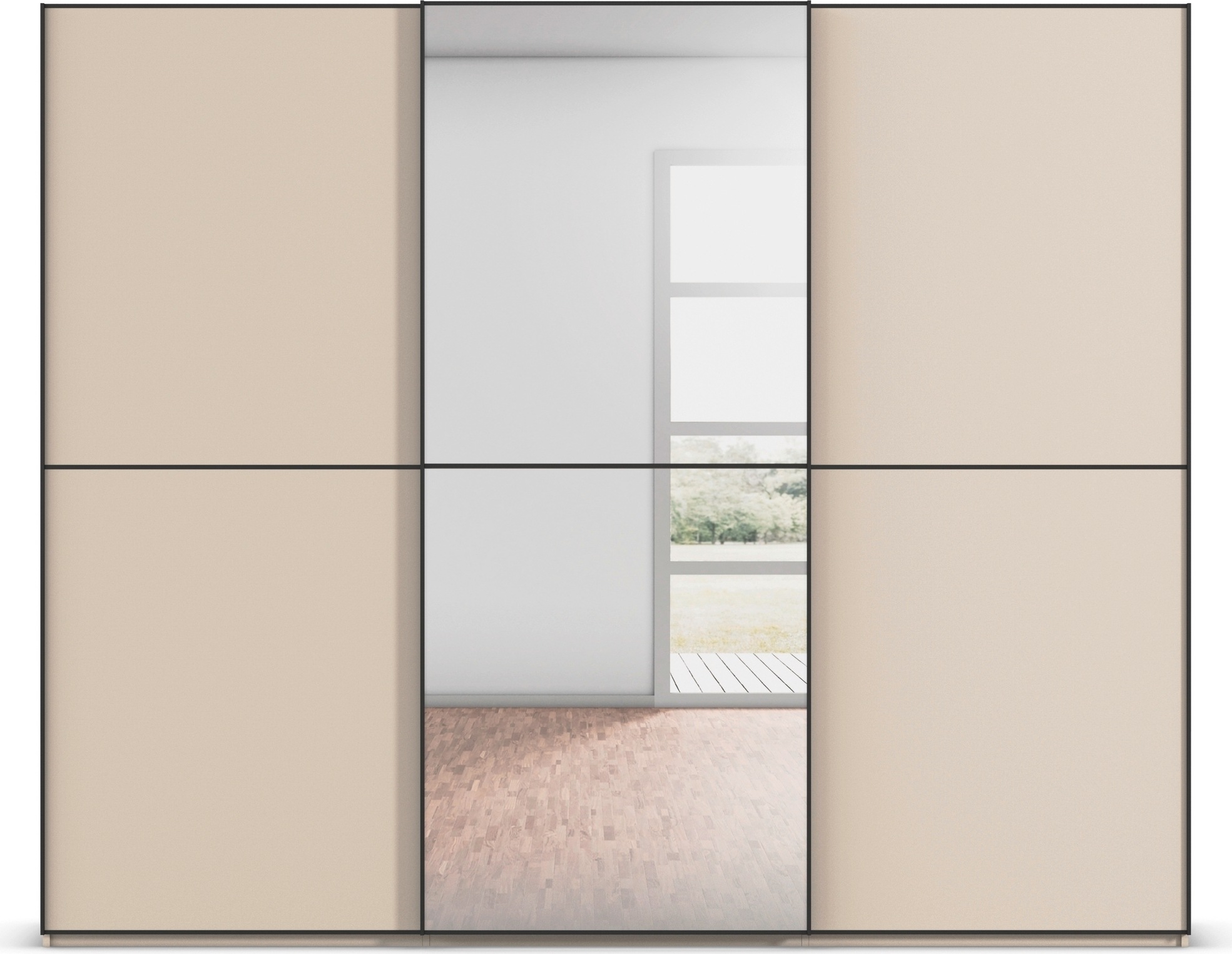 rauch Schwebetürenschrank »Kleiderschrank Schrank Garderobe Schlafzimmerschrank SCALE-DUO«, edle zweigeteilte Türen, Spiegel und 3 Zierleisten MADE IN GERMANY
