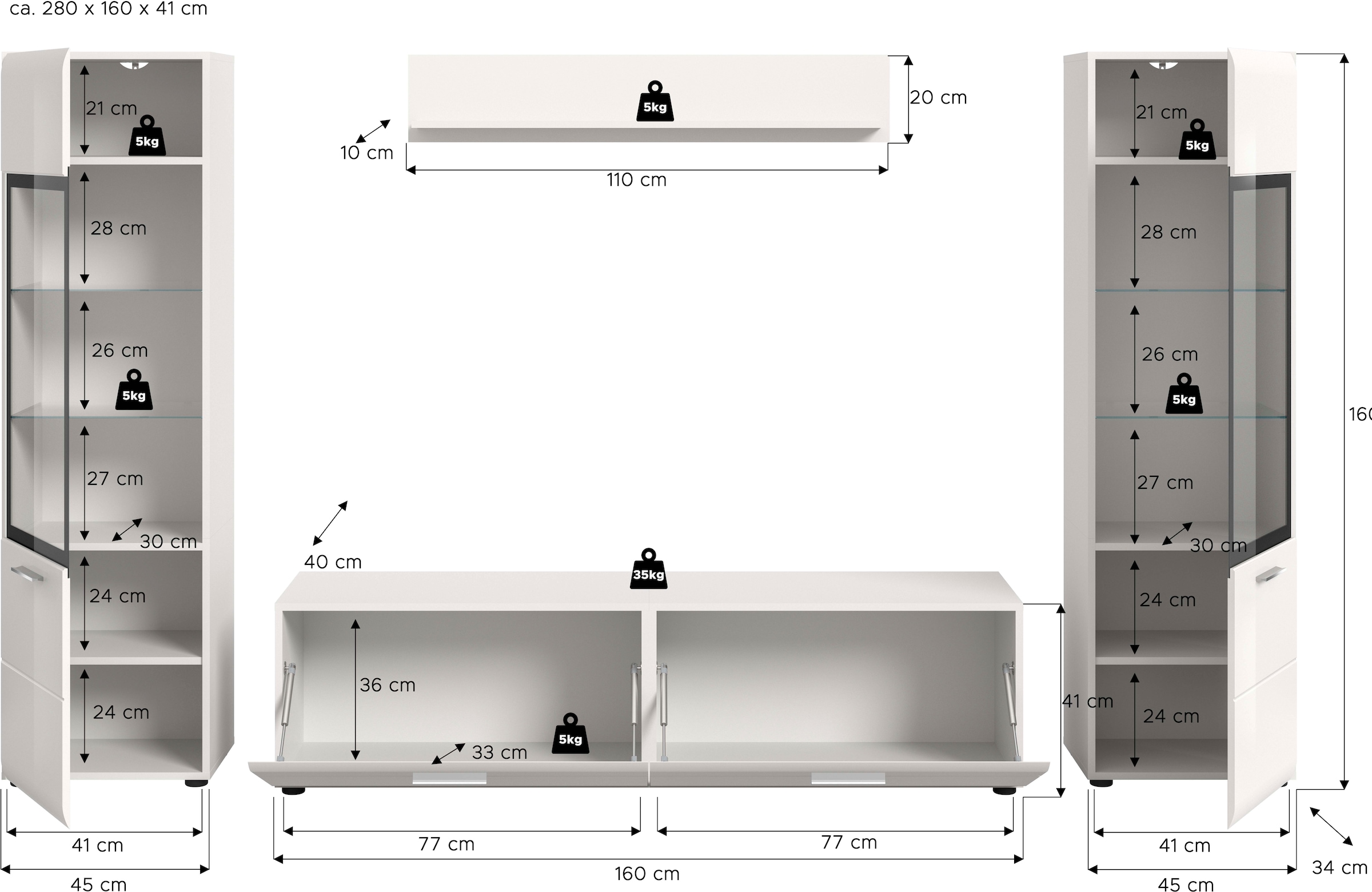 Home affaire Wohnwand »FLORENZ, 4-teilige Wohn-Kombination, hochwertige MDF-Front« Set, Set, best. aus: 2 Vitrinen, 1 Lowboard, 1 Wandboard, 4 Stk. tlg.