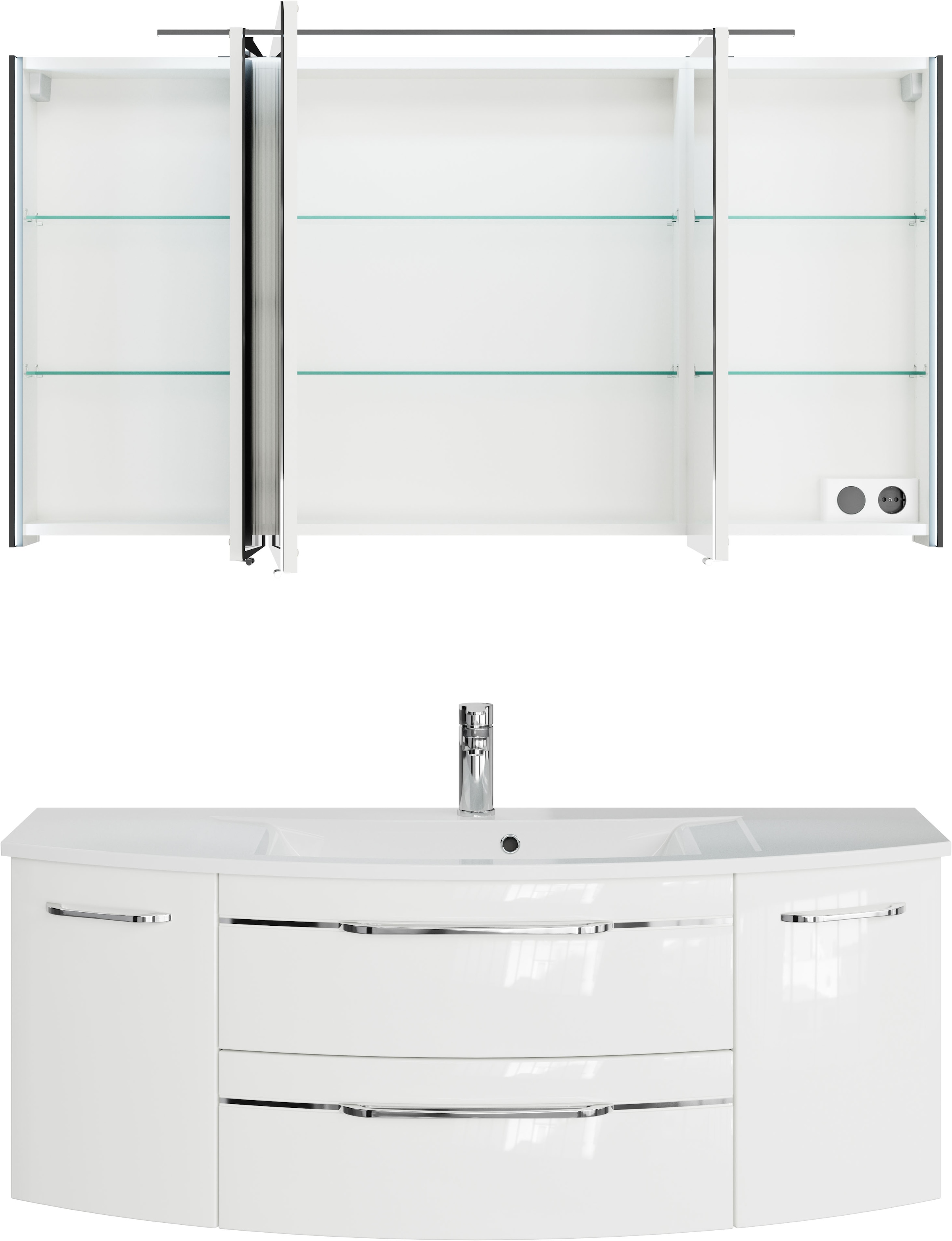 Saphir Badmöbel-Set »Serie 7045 2-teilig Mineralmarmor-Waschtisch mit LED-Spiegelschrank«, (Set, 2 St.), Badezimmer-Set 133,2 cm breit, inkl. Türdämpfer, 5 Türen, 2 Schubladen
