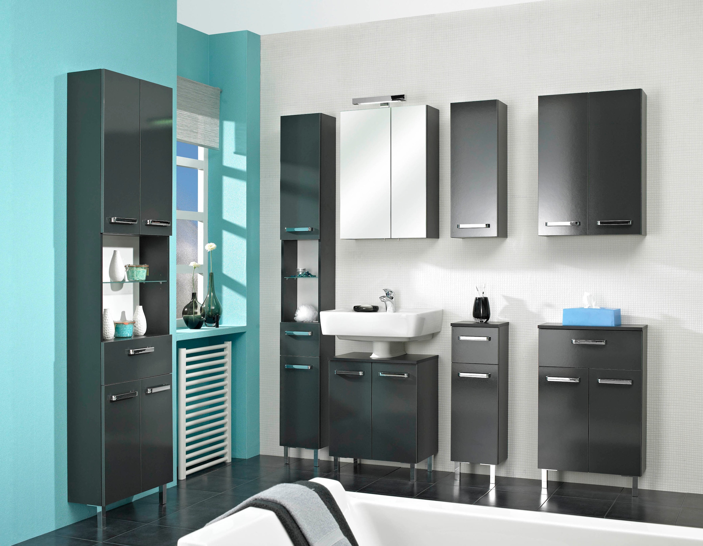 Saphir Hochschrank »Quickset Badschrank 25 cm breit, 2 Türen, 2 Nischen, 1 Schublade« Badezimmer-Hochschrank inkl. Türdämpfer, Griffe in Chrom glänzend