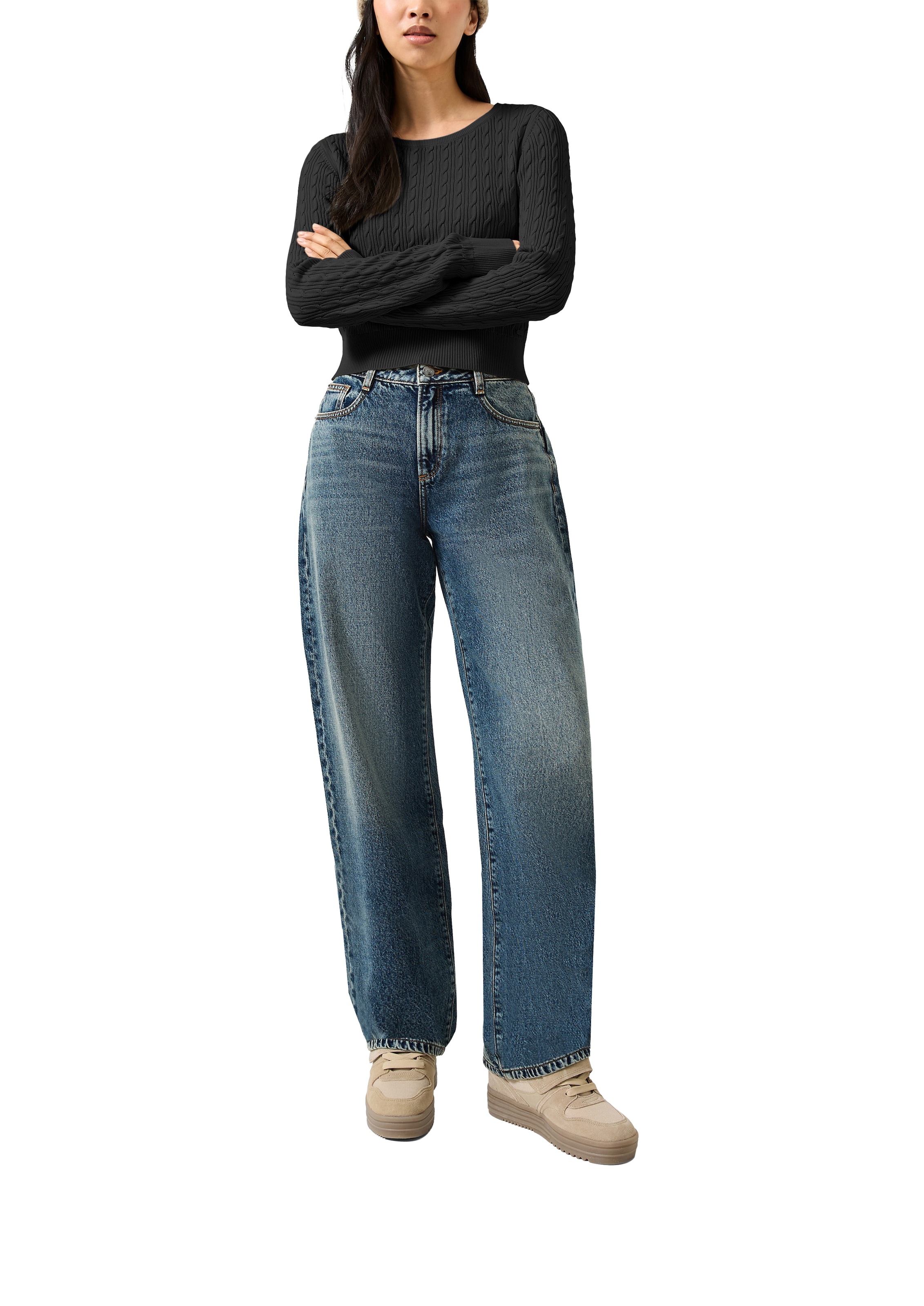 QS Strickshirt Langarmshirt mit Zopfmuster / Viskosemix