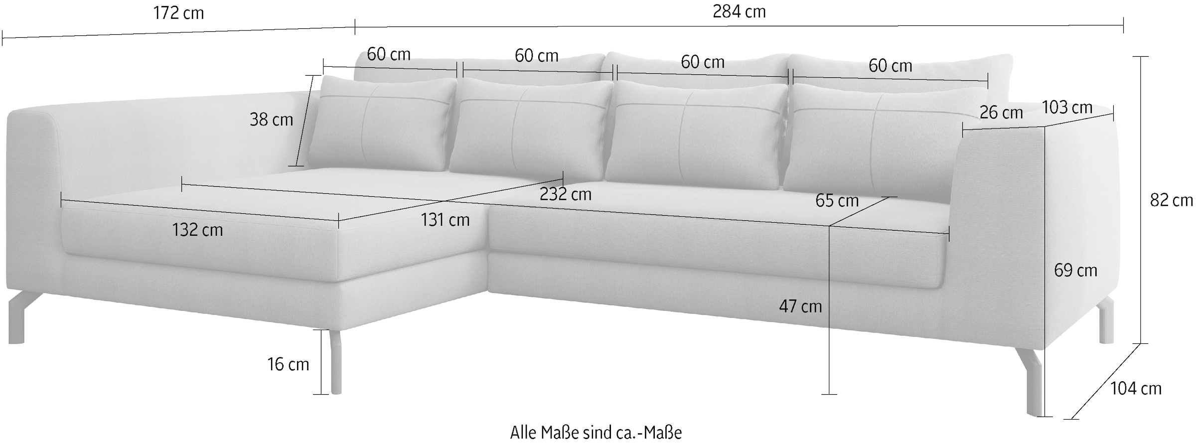 INOSIGN Ecksofa »Cross, mit softem Sitz, L-Form, wendbare Zierkissen, Breite 284 cm«, Couch mit vielen Kissen, stylische Kreuznaht, elegante Metallfüße