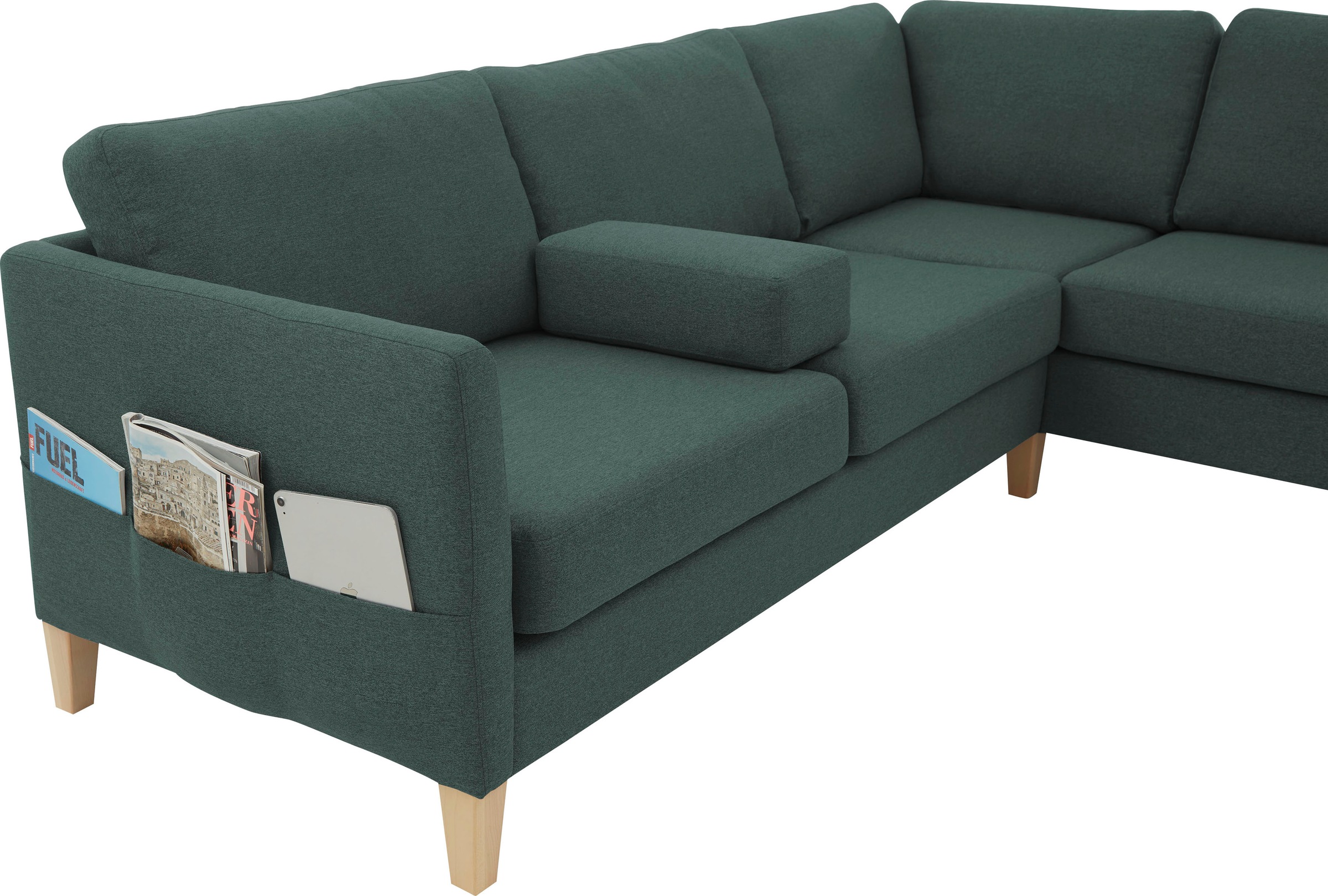 ATLANTIC home collection Ecksofa »Mailo L-Form«, mit Seitentaschen und Ottomane, mit Massivholzfüßen