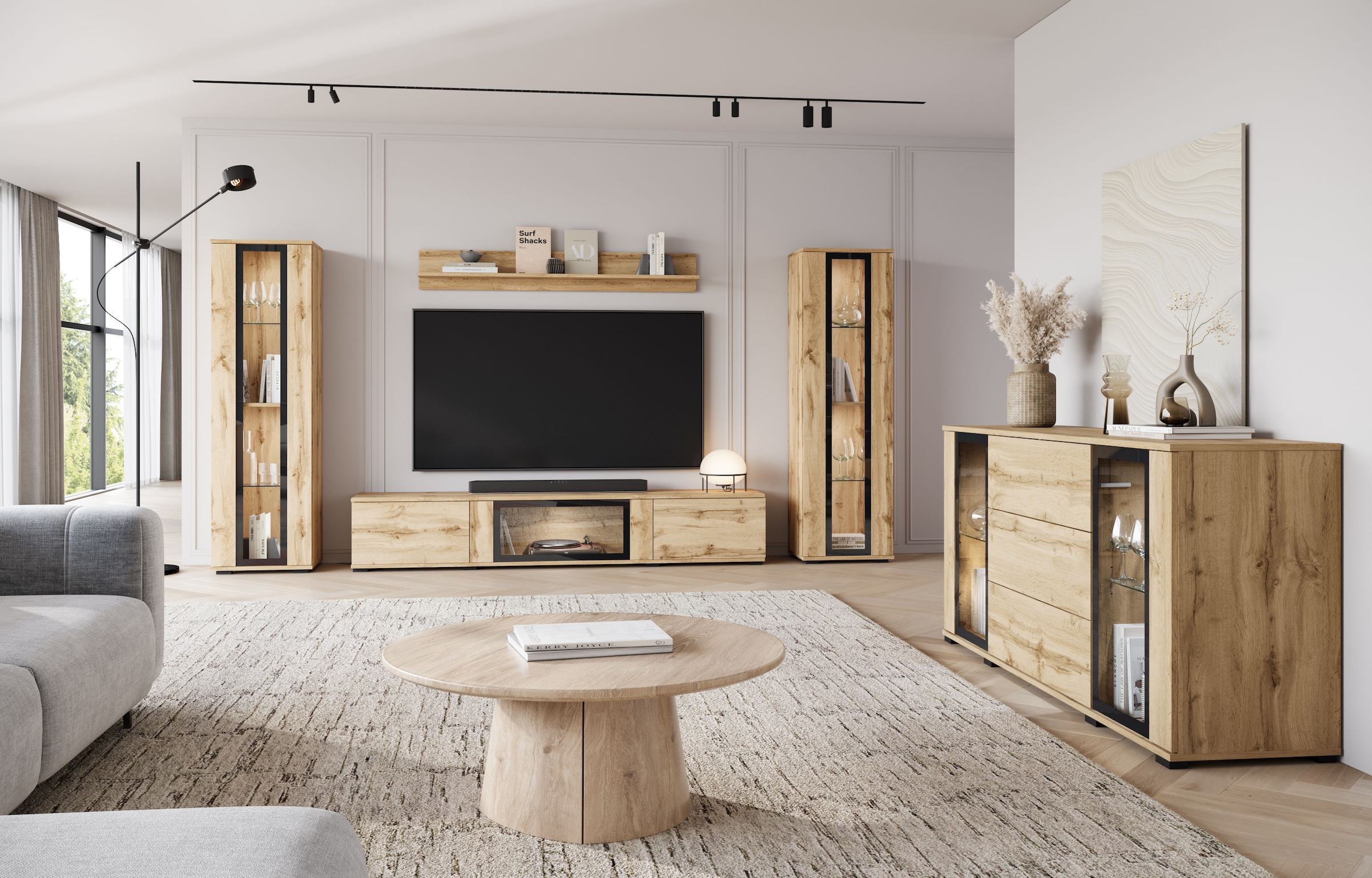 INOSIGN Wohnwand »Caro, stehend und hängend montierbar«, (Komplett-Set, 4 St., Vitrine Türanschlag links/rechts wechselbar), grifflose Design, höhenverstellbare Einlegeböden