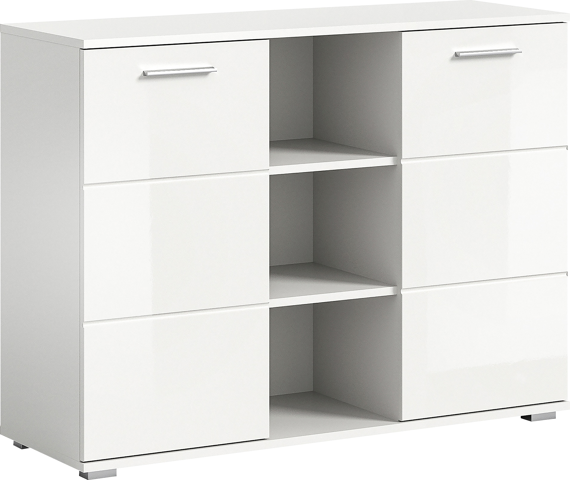 INOSIGN Sideboard »Valge, Breite 110 cm, 2 Türen, 4 verstellbare Böden, 3 offene Fächer«, Front-Rillenfräsung, Schuhkommode, Anrichte, Schrank, Kommode