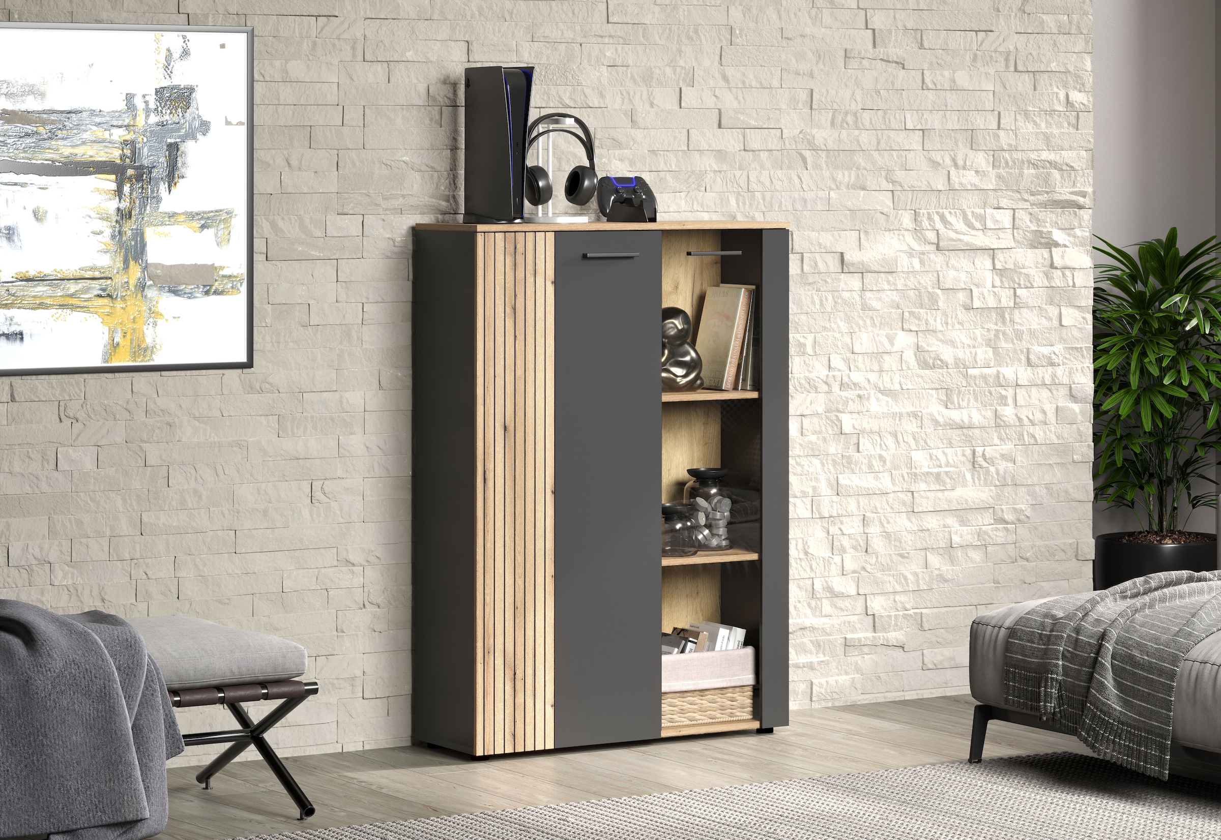 INOSIGN Highboard »Estepona«, (1 St.), Vitrine, Tür mit Rillen-Optik, Breite 91 cm