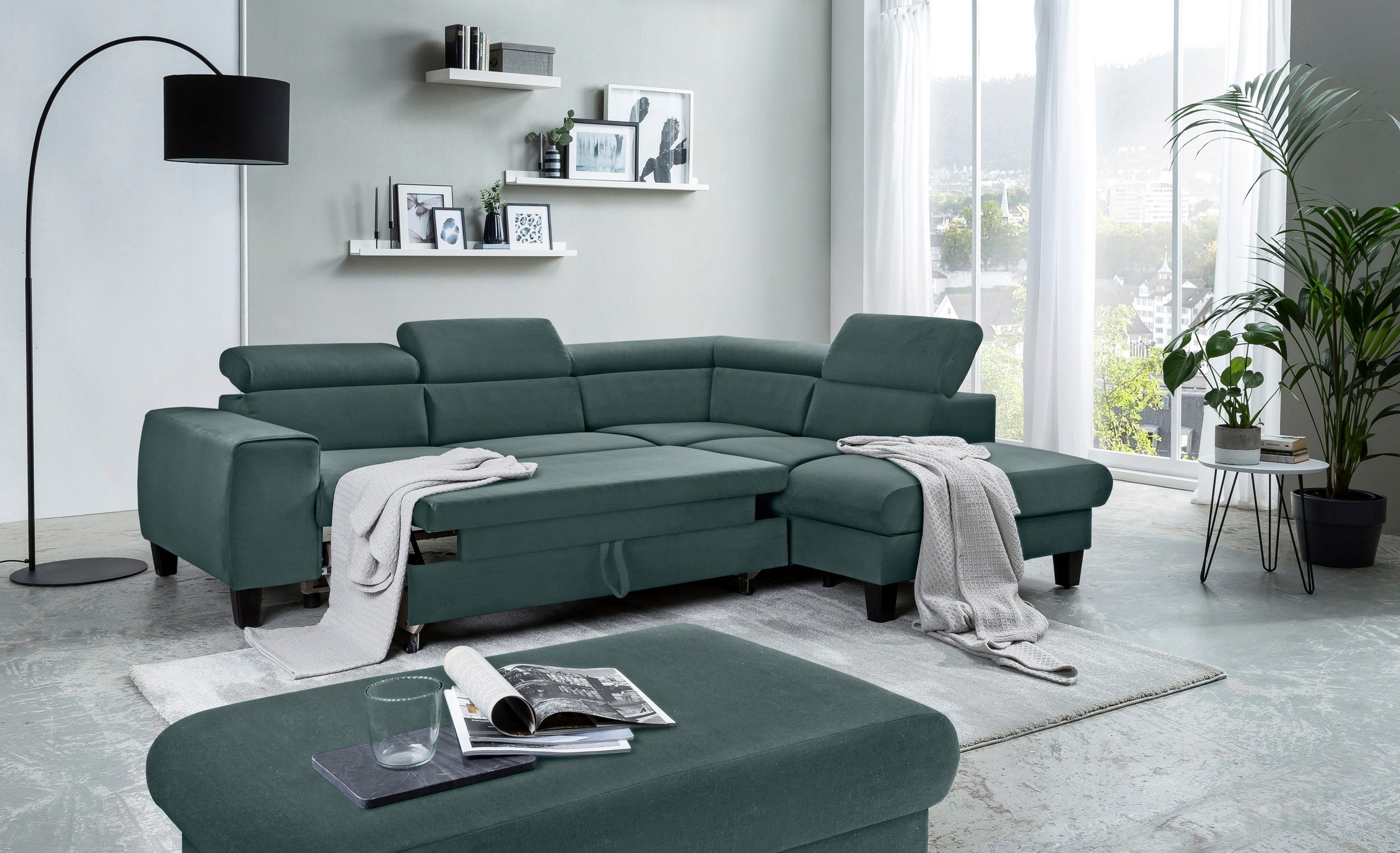 COTTA Polstergarnitur »Morven L-Form«, (Set), Set bestehend aus: Ecksofa mit Kopfteilverstellung & Hocker