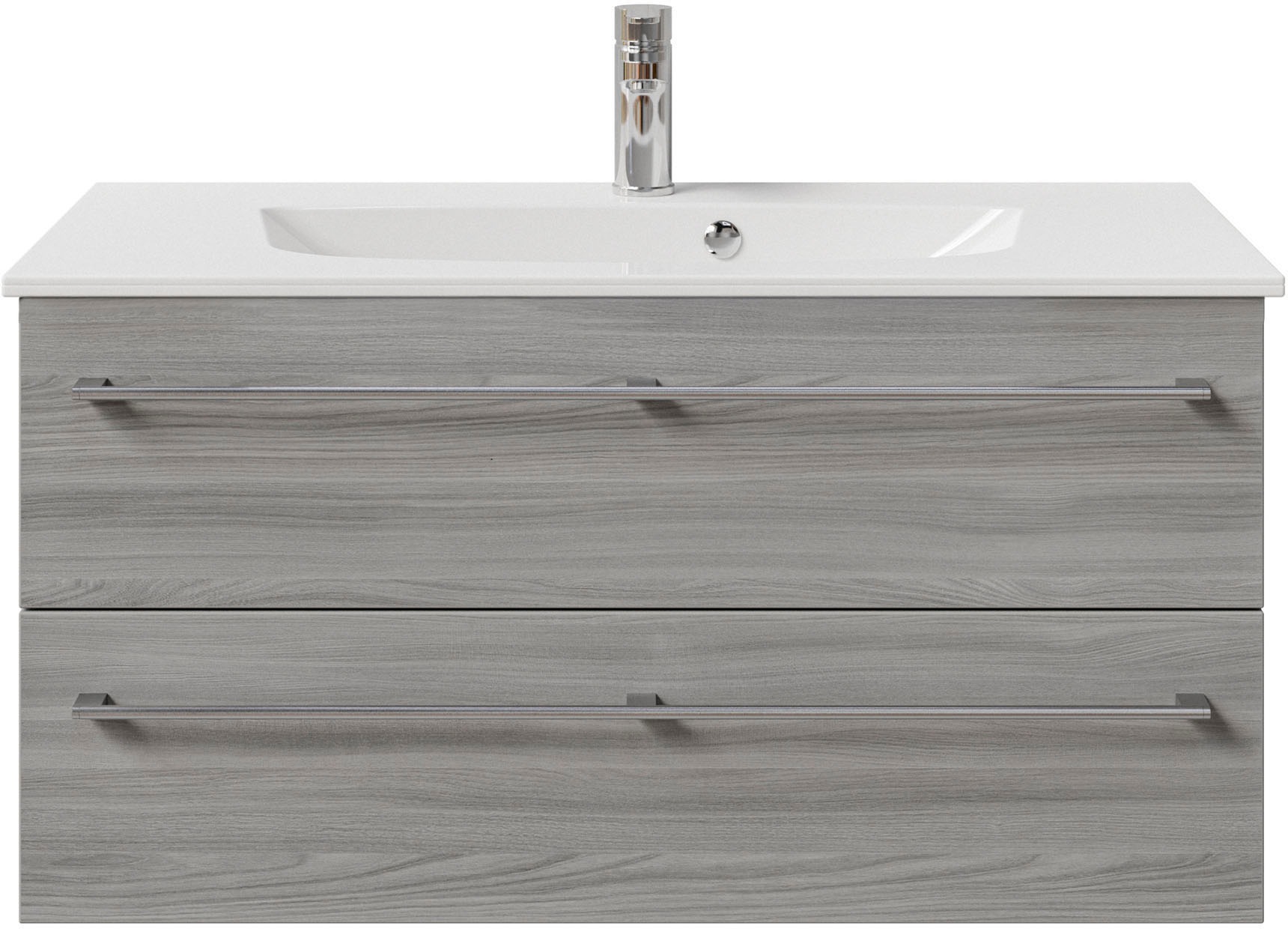 Saphir Badmöbel-Set »Serie 6025 2-teilig Mineralmarmor-Waschtisch mit LED-Spiegelschrank«, (2 St.), Waschplatz 97 cm breit, 2 Schubladen, 3 Spiegel-Türen, inkl Türdämpfer