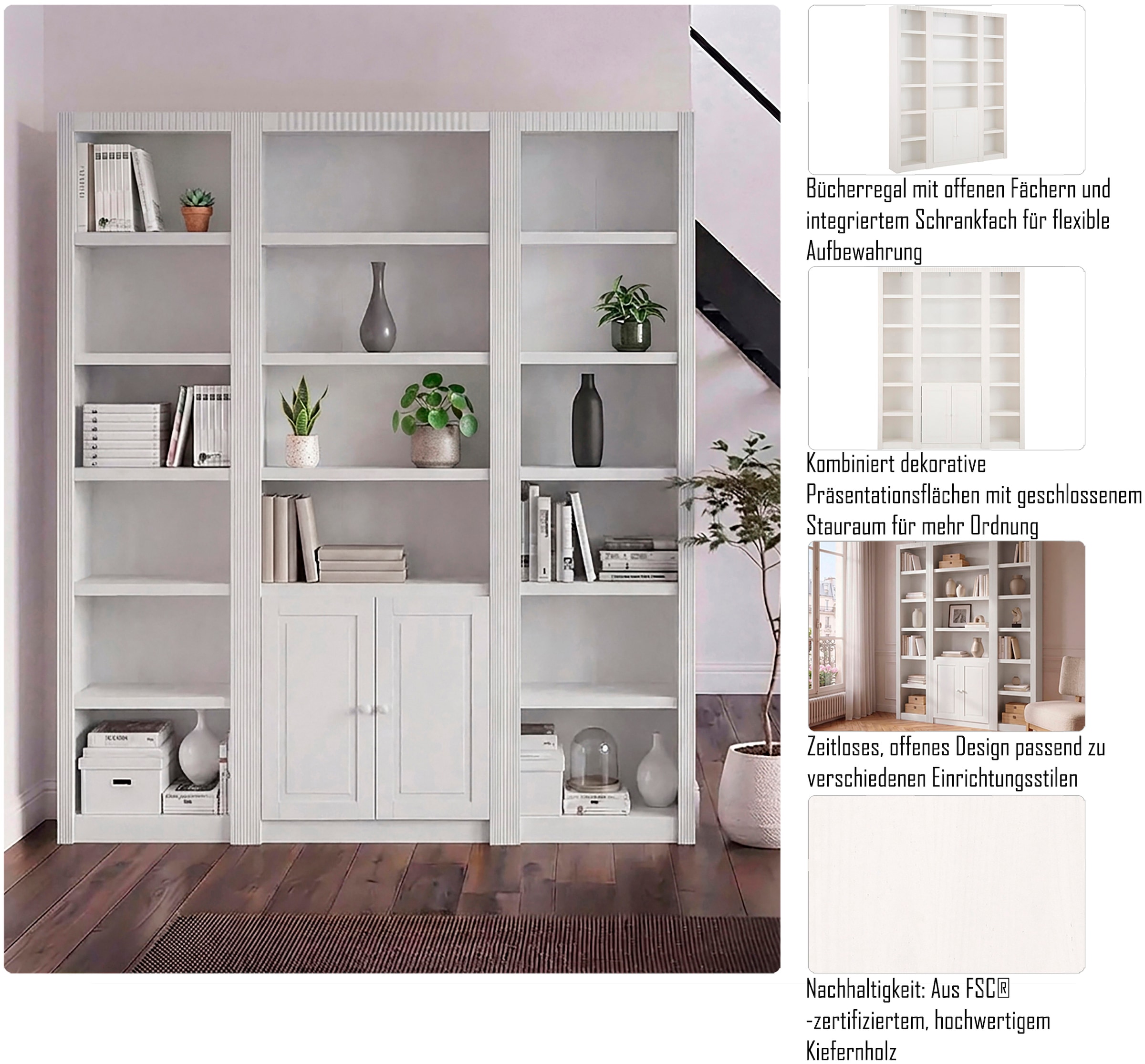 OTTO home Raumteilerregal »Bergen Bücherrregal, 2 Türen, 9 verstellbare & 6 feste Einlegeböden« aus massivem Kiefernholz mit 18 Fächern und 2 Türen mit Knopfgriffen