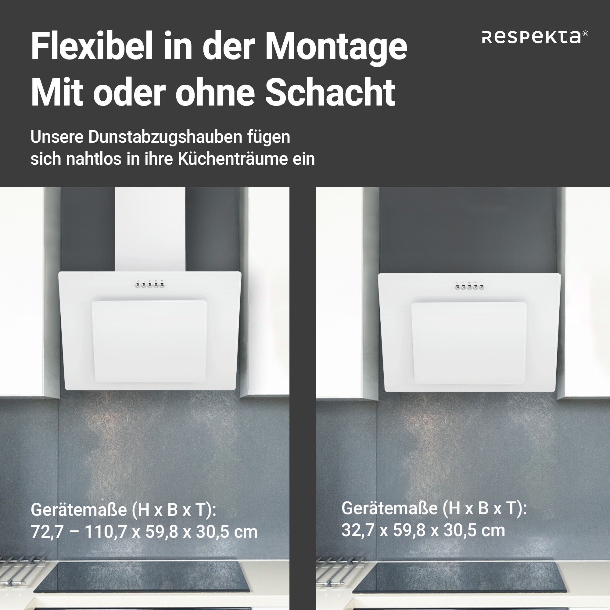 RESPEKTA Kopffreihaube »CH 21060«, 60 cm, 3 Leistungsstufen, LED-Beleuchtung, Ab- und Umluftfähig