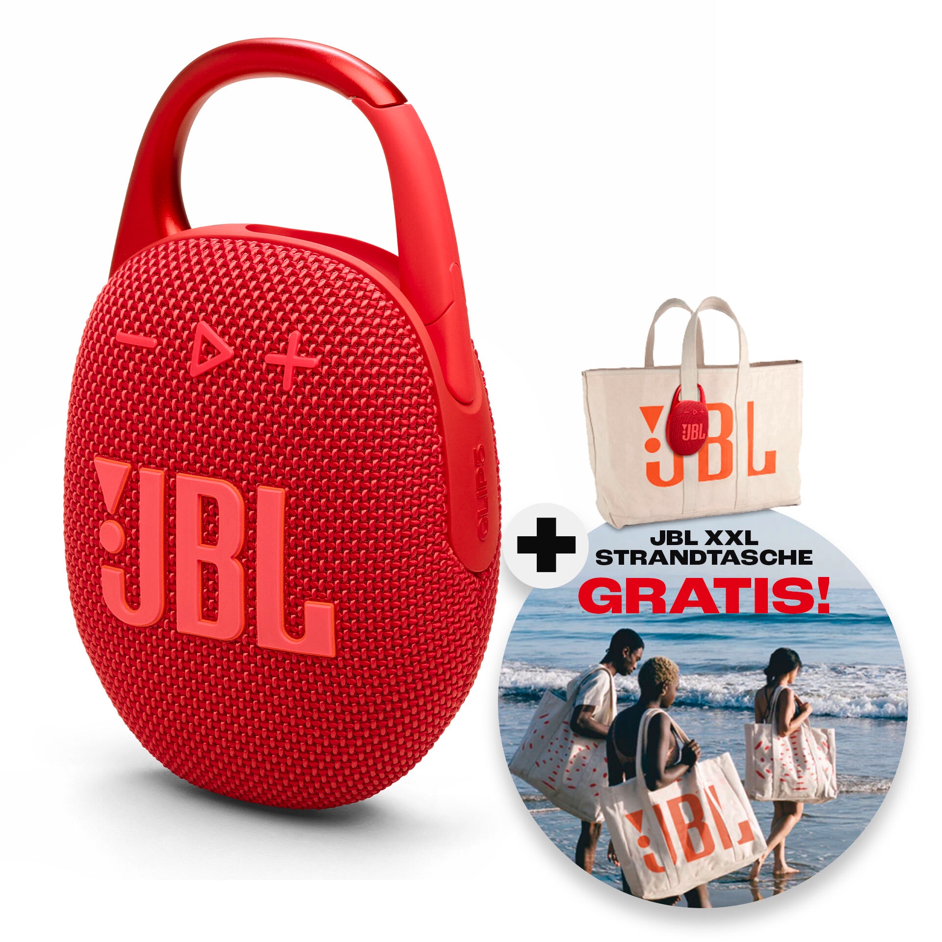 JBL Portable-Lautsprecher »Clip 5 (+ Gratis dazu: XXL-Strandtasche)«, ultra-kompakt, wasser- und staubgeschützt (IP67), 7 Watt RMS