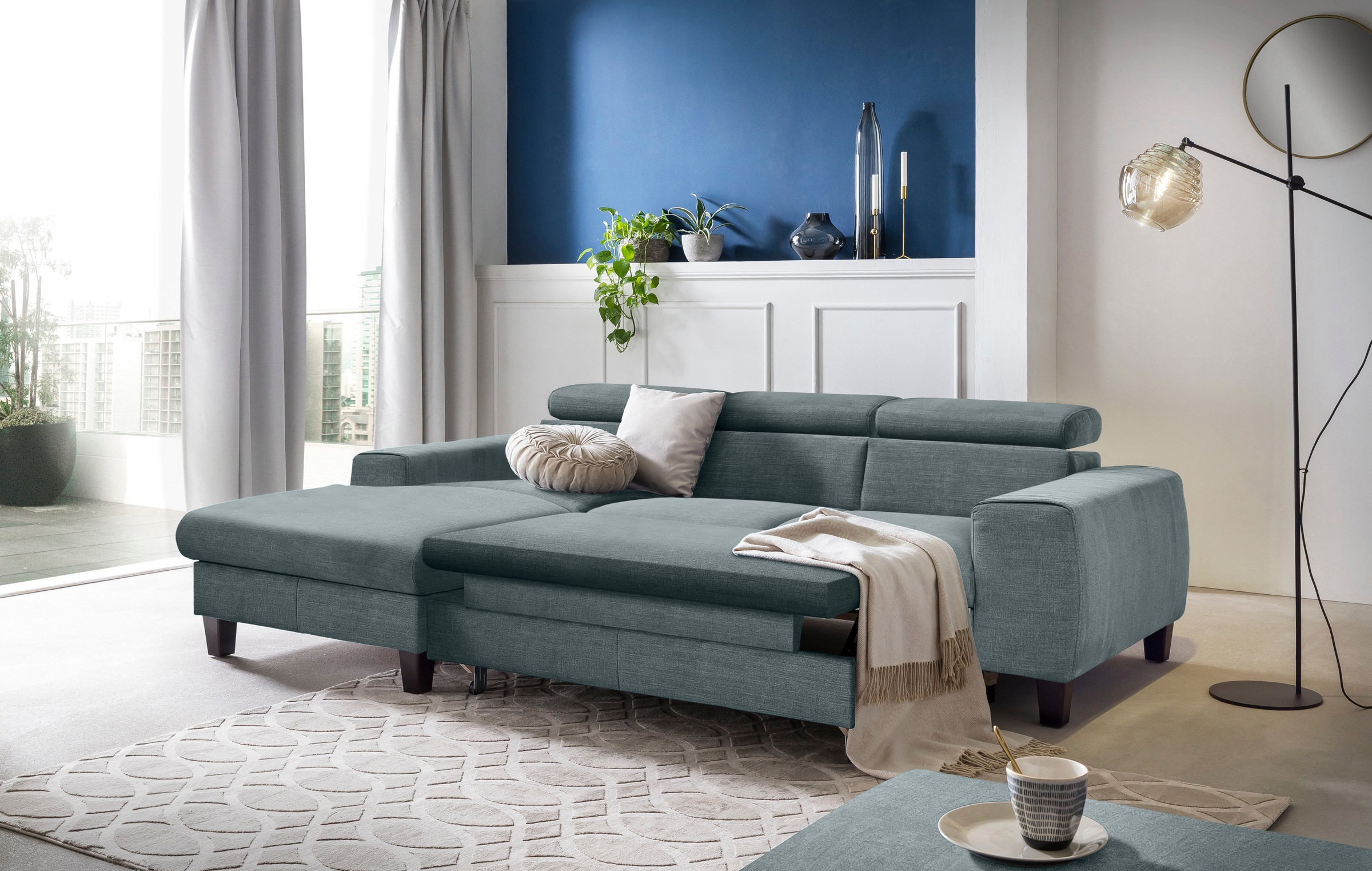 COTTA Ecksofa »Morven L-Form mit Kopfteilverstellung«, wahlweise mit Bettfunktion, Bettkasten & Wireless-Charger