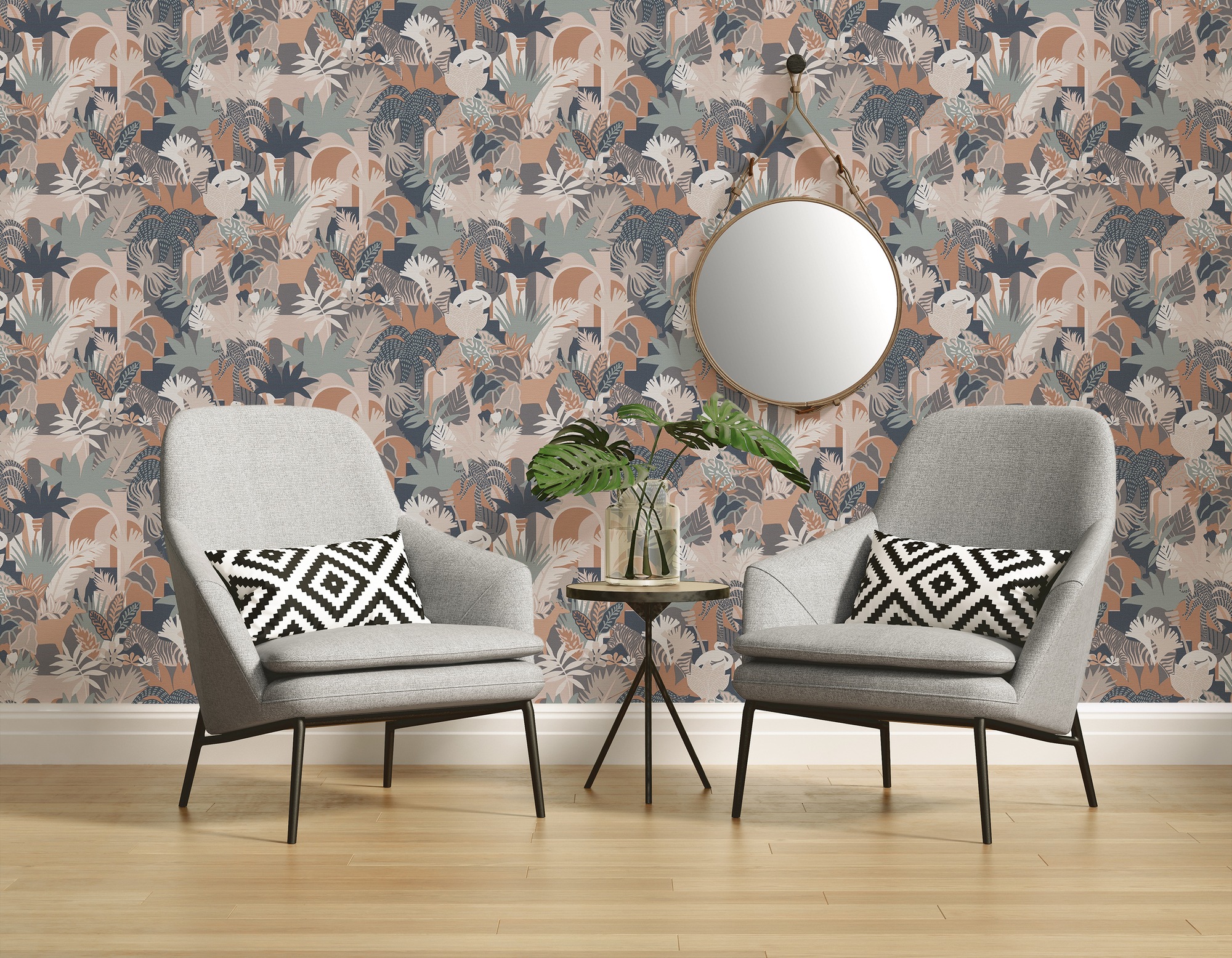 A.S. Création Vliestapete »Antigua Retrotapete Artdeco«, matt-gemustert-neutral, Dschungeltapete Floral mit Tieren Tapeten Wohnzimmer Schlafzimmer Flur
