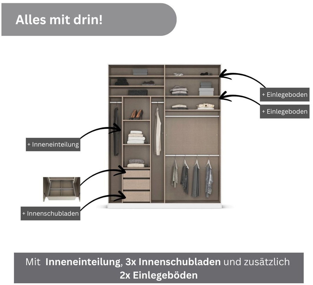 rauch Drehtürenschrank »Kleiderschrank Schrank Garderobe TOPSELLER OTELI inkl. Inneneinteilung«, (erhältlich in Breiten 91-360 cm, ab Breite 136cm inkl. Innenschubladen), mit zusätzlichen Einlegeböden, optional mit Spiegel MADE IN GERMANY