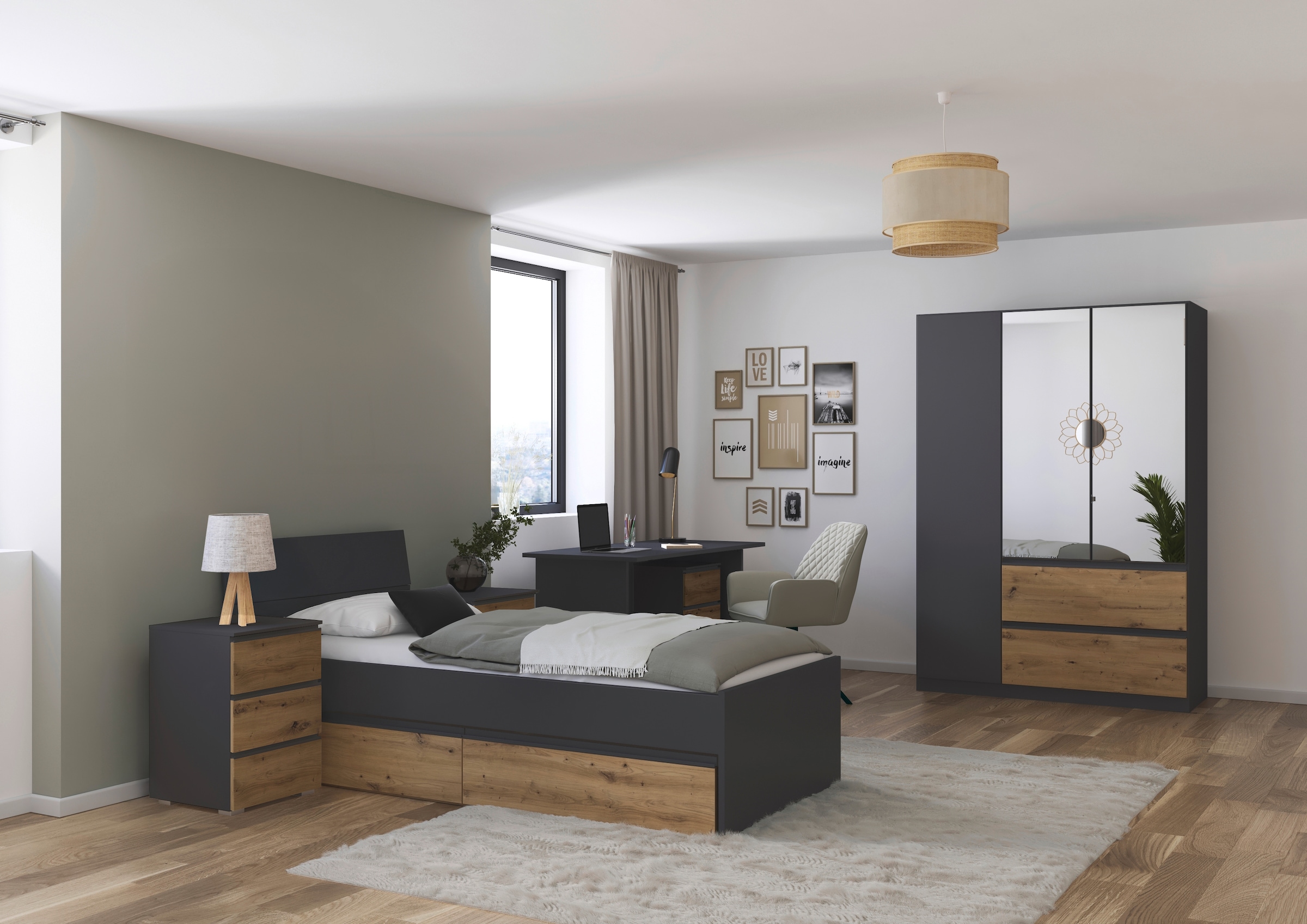 rauch Jugendzimmer-Set »Komplettzimmer Schlafzimmer-Set (5-St.) Jugendzimmer-Set JOEL« Set, 5 Stk. tlg. Bett 2 Breiten,Nachttisch,Tisch,Rollcontainer,Schrank MADE IN GERMANY