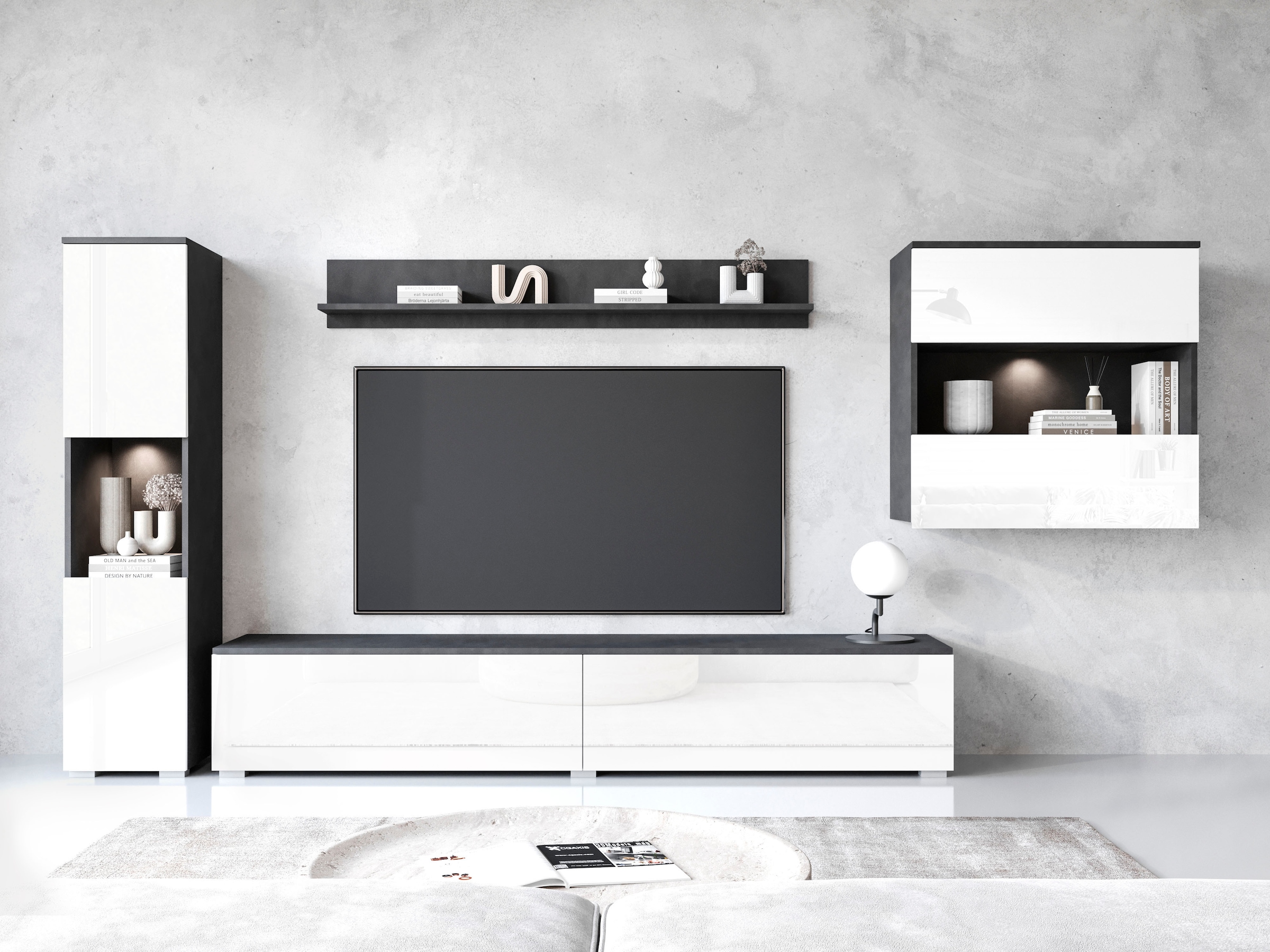 INOSIGN Wohnwand »PARIS«, (Komplett-Set, 4 St.), TV-Wand 300cm breite, grifflose Design, stehend und hängend montierbar