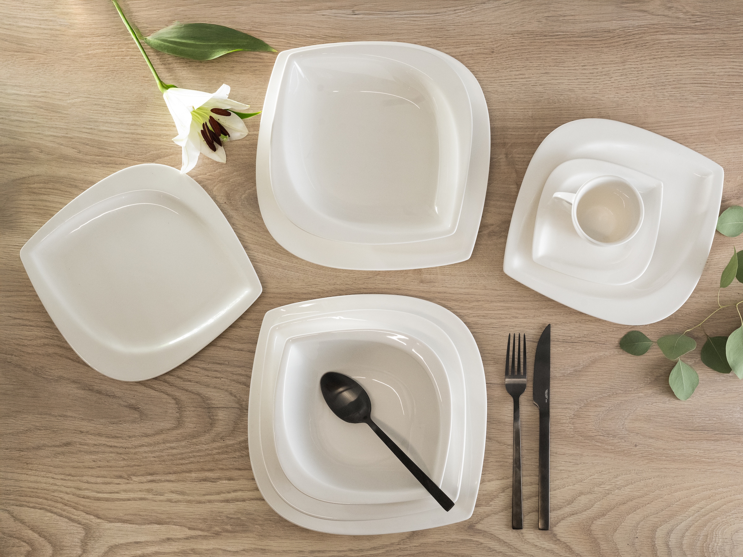 CreaTable Kombiservice »Geschirr-Set Melbourne«, (Set, 30 tlg., Kaffeeservice und Tafelservice im Set, für 6 Personen), Service, elegante Blattform, 30 Teile, für 6 Personen