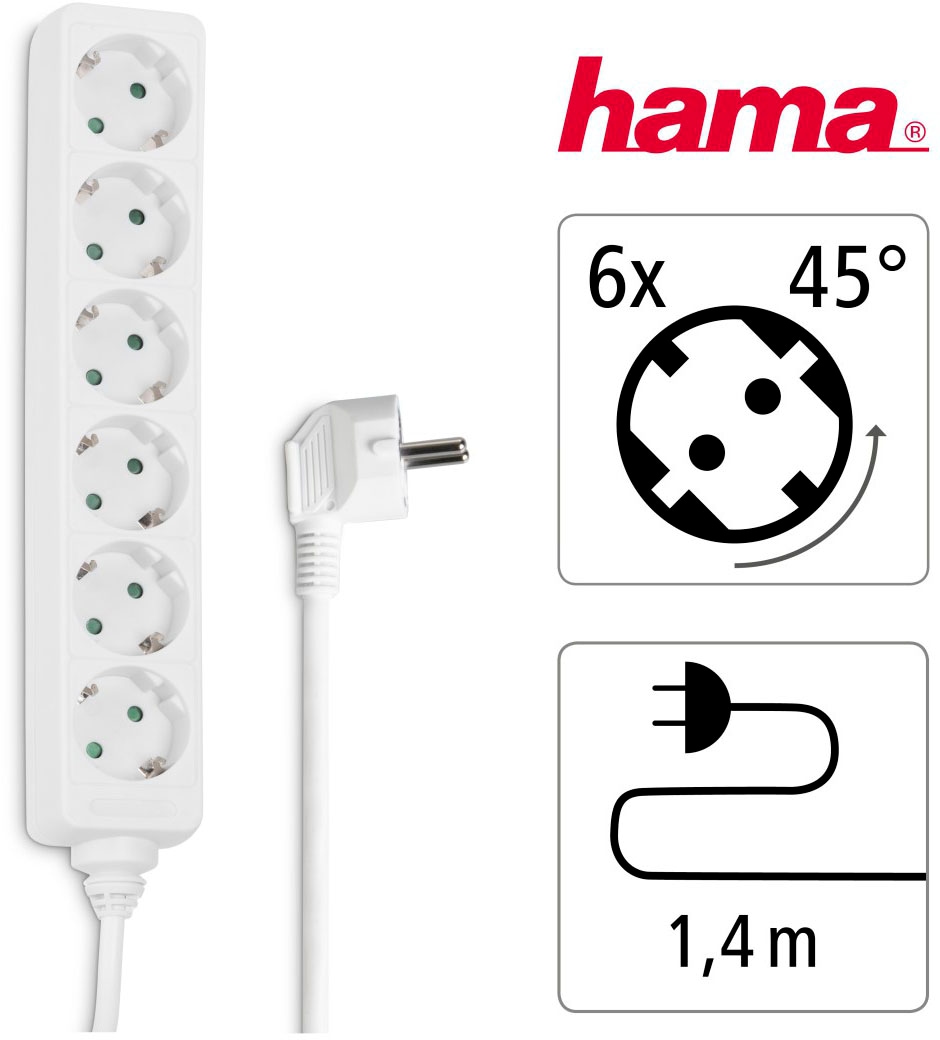 Hama Steckdosenleiste »Steckdosenverteiler 6-fach«, 6-fach, (Kabellänge 1,4 m), mit erhöhtem Berührungsschutz, Weiß
