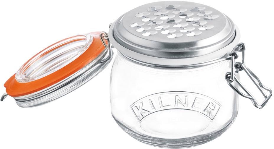 KILNER Käsereibe, (1 Glas mit Deckel u. Bügelverschluss, Aufsatz-Reibe mit Gummiring), Inhalt 0,5 Liter