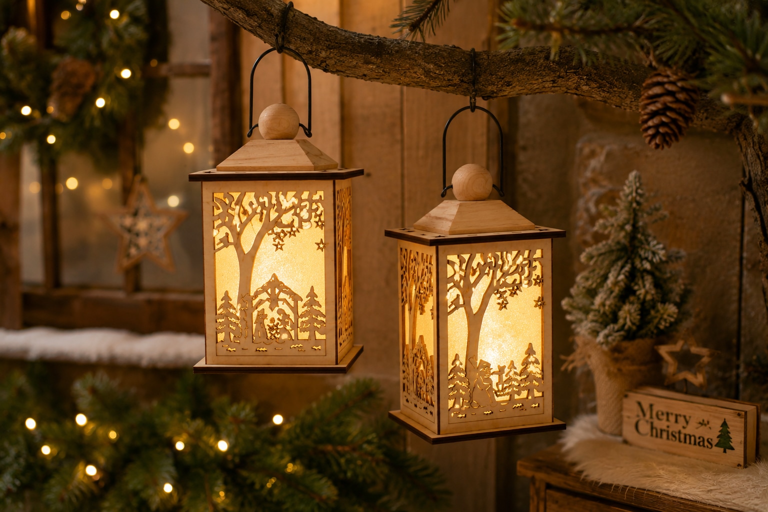 OTTO home LED Dekoobjekt »Weihnachtliche Holzdekoration, 2er-Set« 2 Stk. Warmweiß Gratis-Hänger, 6h-Timer, Höhe 22 cm