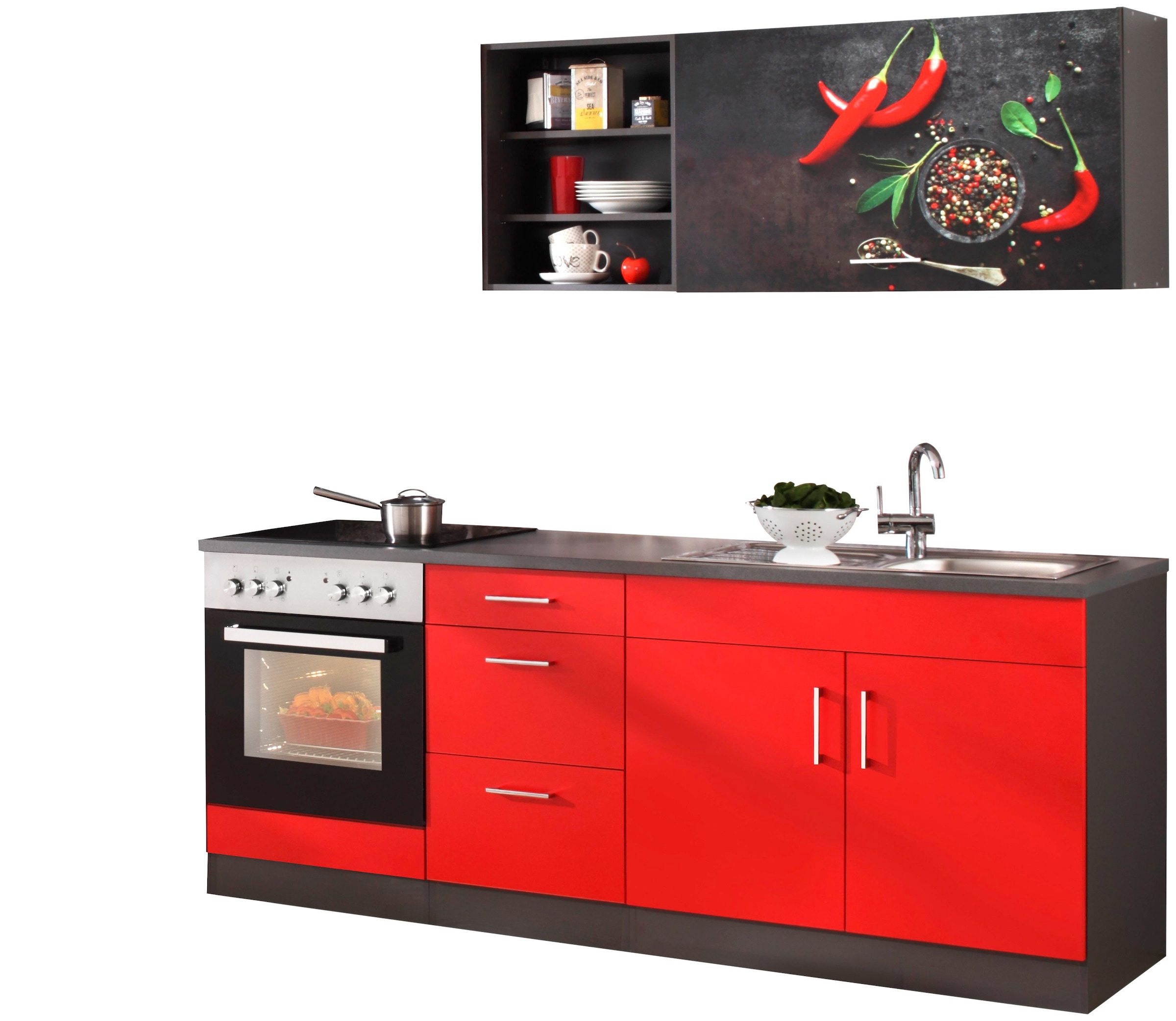 KOCHSTATION Küchenzeile »KS-Paris« ohne E-Geräte, Breite 210 cm Küche: rot + Korpus: grafit + Arbeitsplatte: anthrazit
