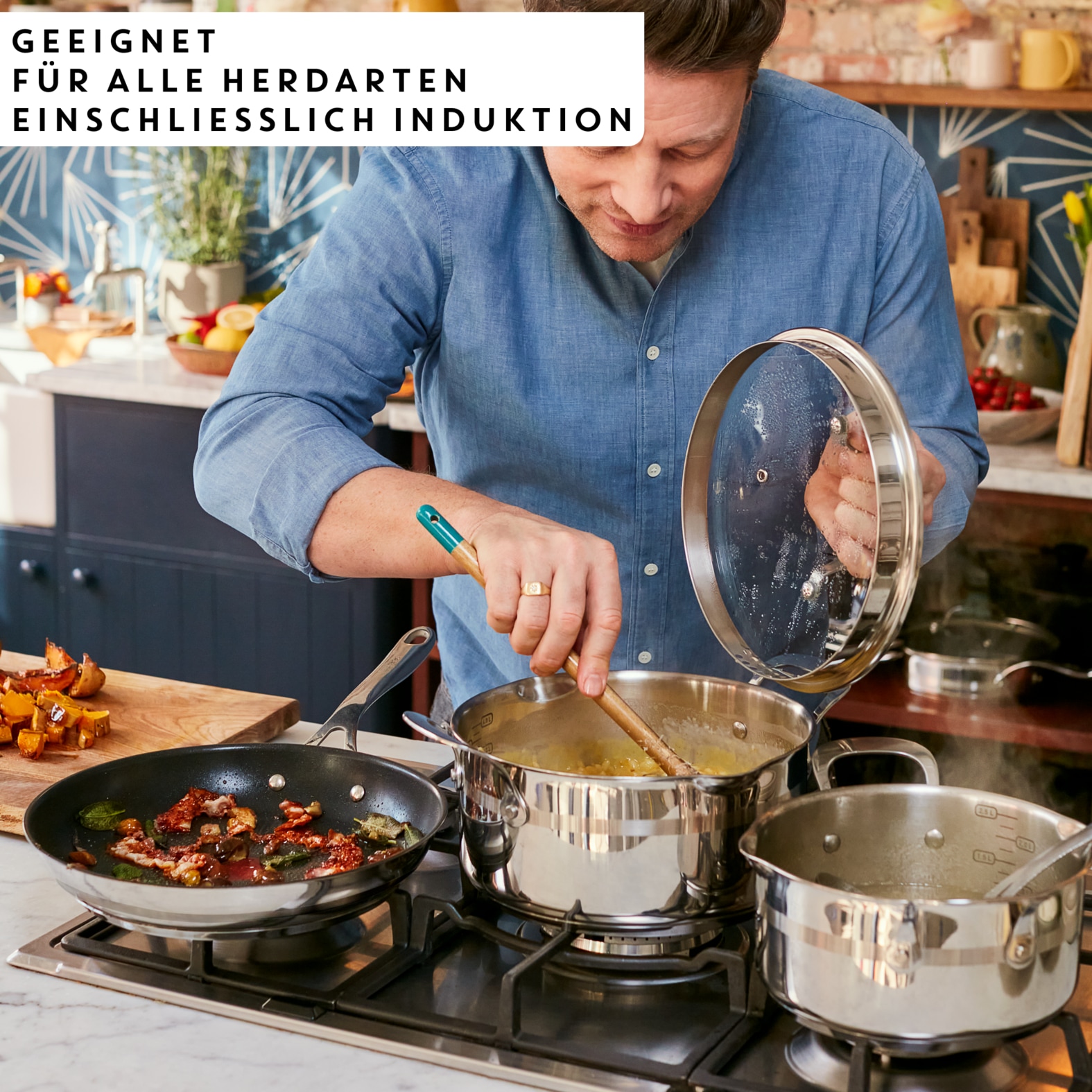 Tefal Pfannen-Set »Jamie Oliver Cook Smart für alle Herdarten, Induktion, Thermo-Signal« Edelstahl Set, 3x Bratpfannen 20/24/28 cm, 3 Stk. tlg. Antihaftversiegelung, lange Lebensdauer. ergonomischer Griff, E310S3