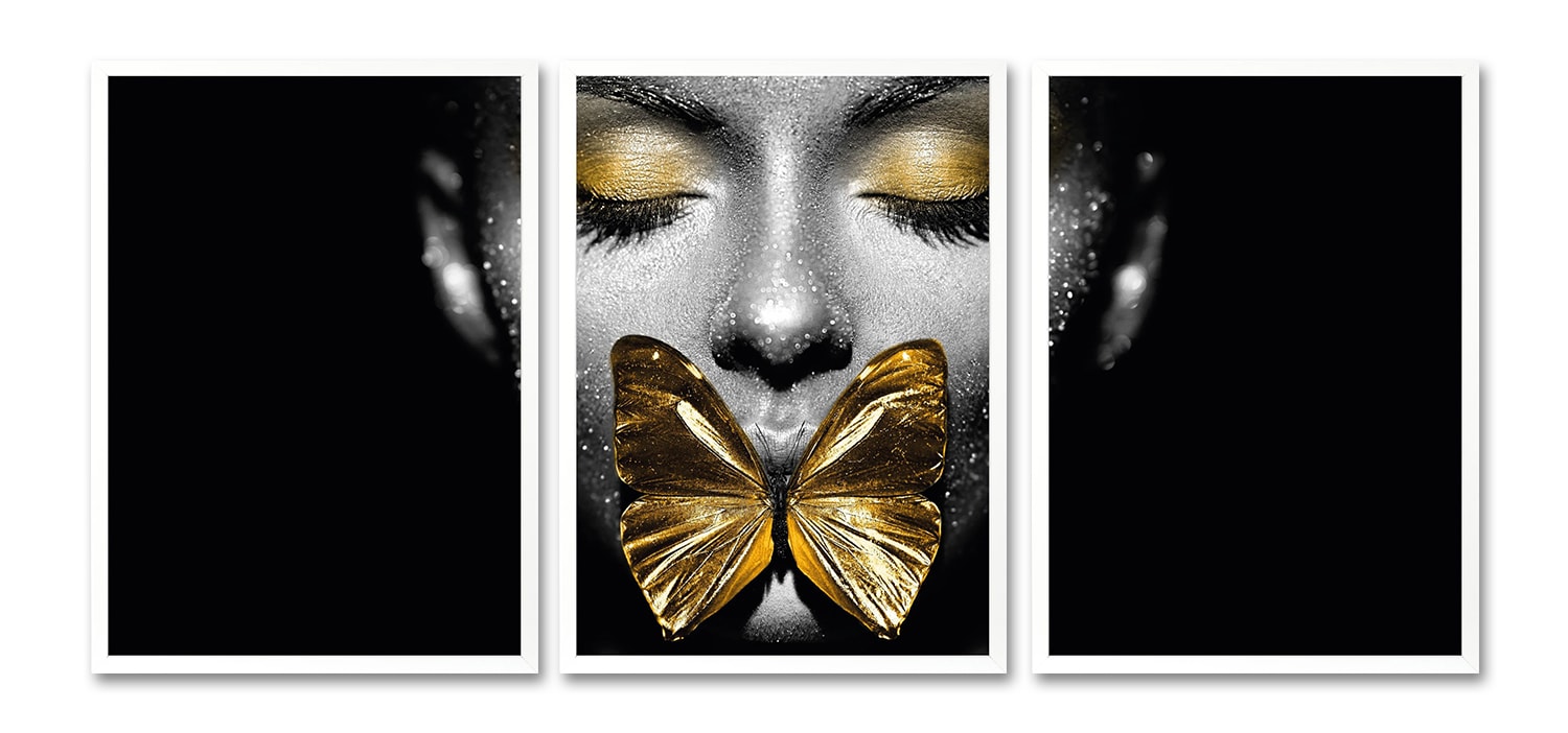 Leonique Bild mit Rahmen »Gesicht Schmetterling Gold - Gerahmter  Digitaldruck - Wandbild«, (3er-Set), 3x 30x40 cm - Holzrahmen - Dekoration  - Weißer Rahmen - Triptychon auf Raten kaufen