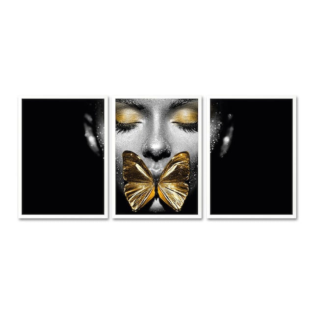 Leonique Bild mit Rahmen »Gesicht Schmetterling Gold - Gerahmter  Digitaldruck - Wandbild«, (3er-Set), 3x 30x40 cm - Holzrahmen - Dekoration  - Weißer Rahmen - Triptychon auf Raten kaufen